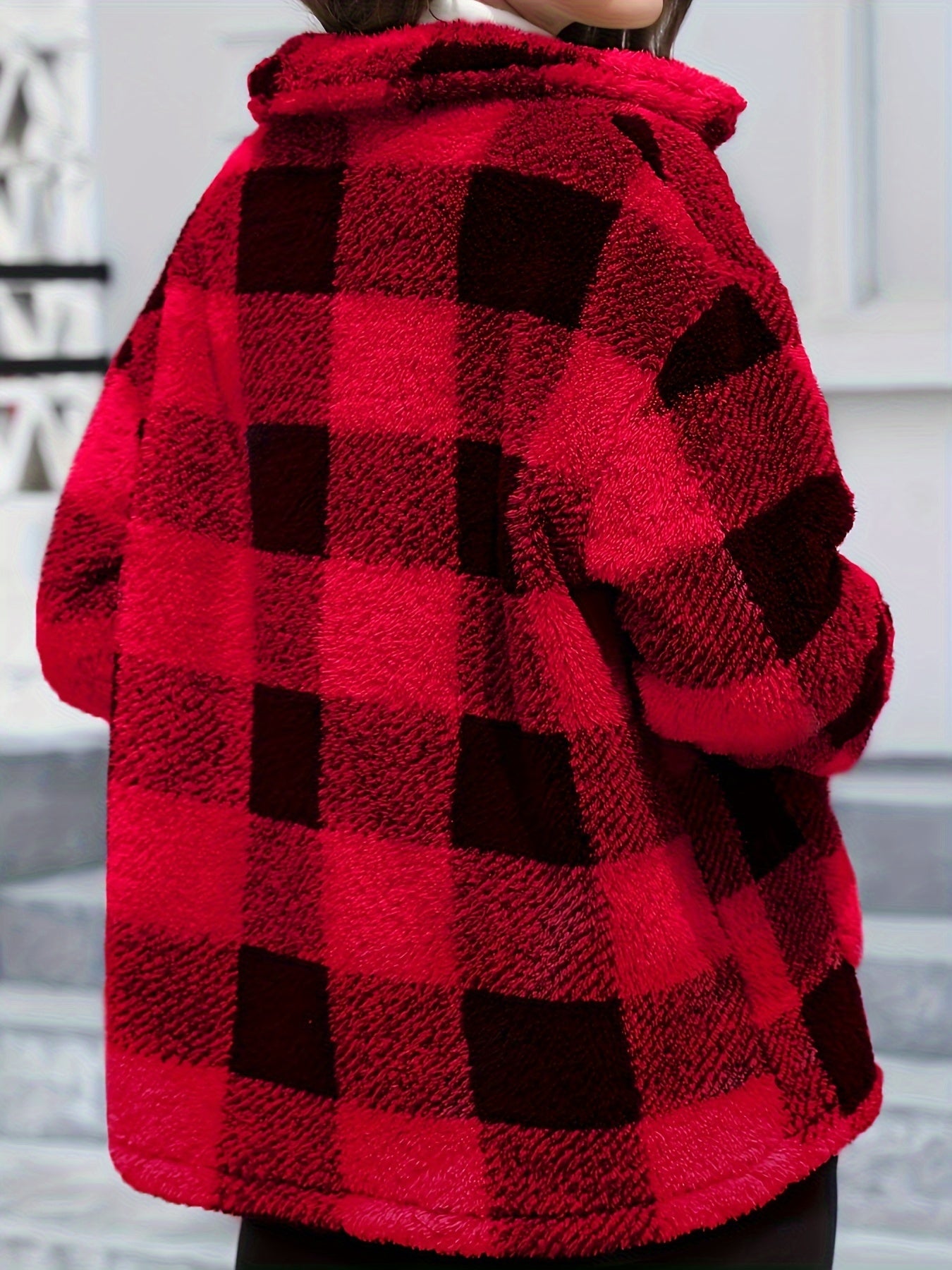 vlovelaw Plaid Print Patched Pockets Teddy Coat, Versatile Long Sleeve Single Breasted Winter Outwear, Women's Clothing