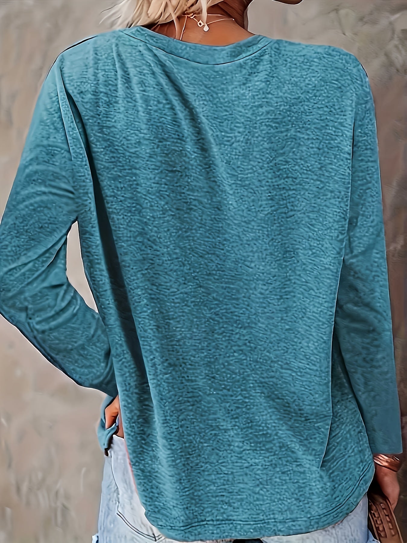 Plus Size Casual T-shirt, Women's Plus Solid Long Sleeve Round Neck Slight Stretch T-shirt