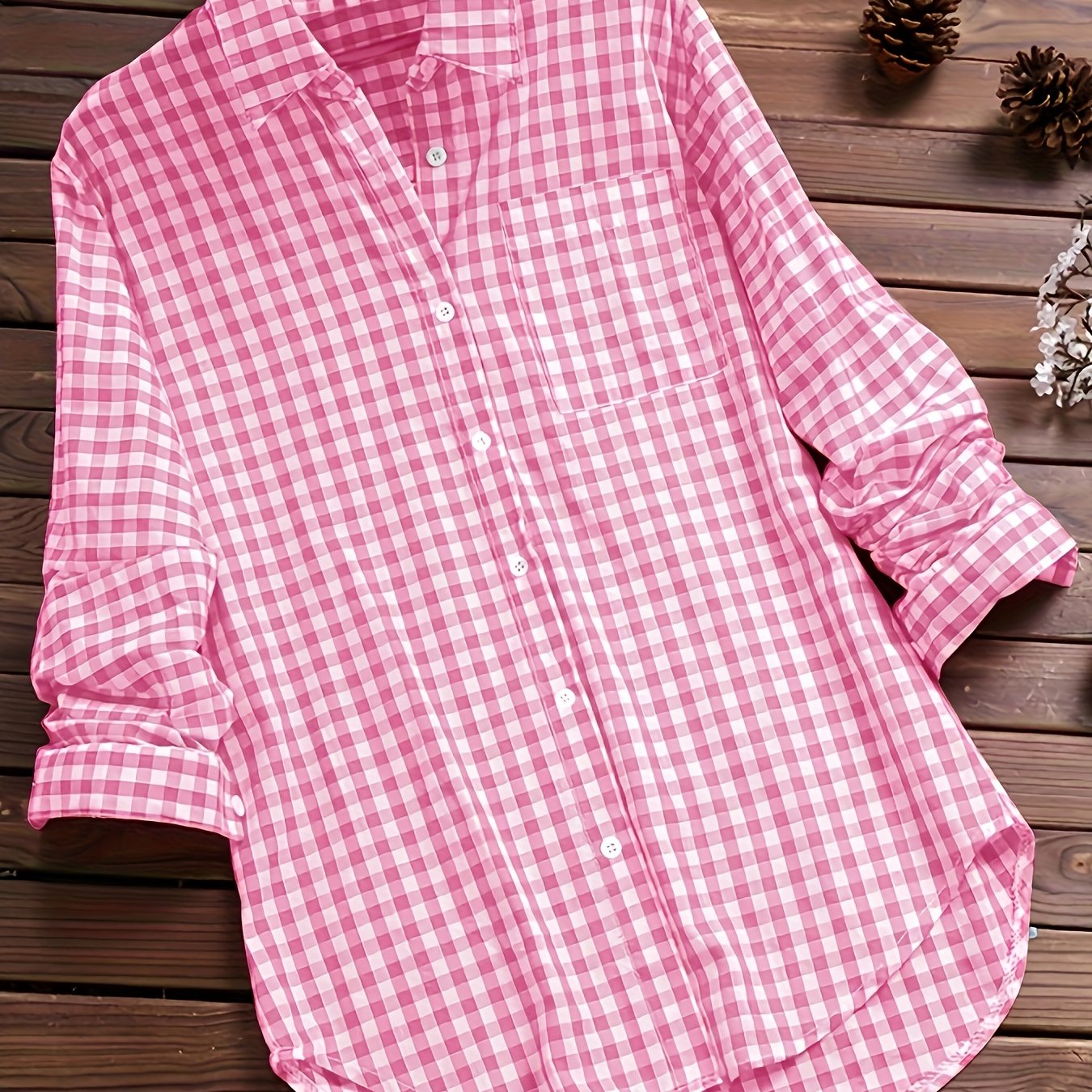 Gingham Print Classic Shirt, Vintage Button Front Long Sleeve Shirt With A Collar, Women's Clothing