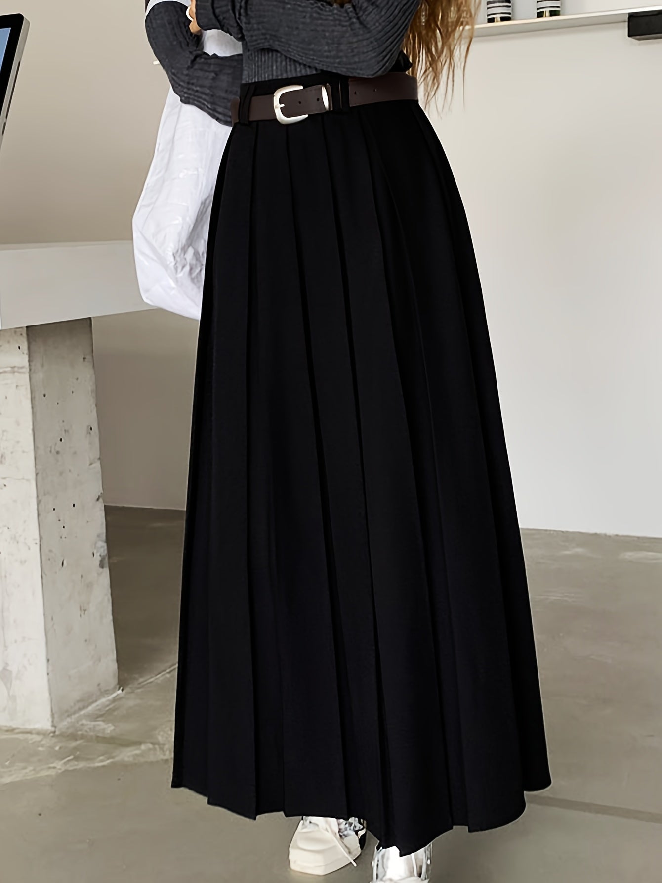 Solid Pleated A-line Skirt, Preppy Skirt For Spring & Fall, Women's Clothing