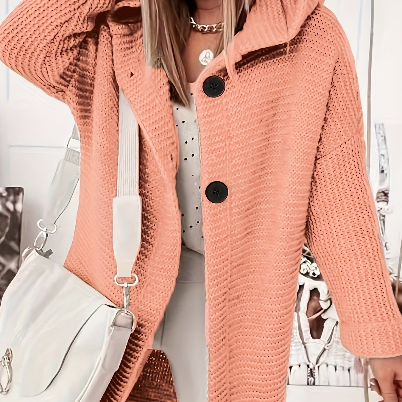 vlovelaw Button Front Hooded Knit Cardigan, Casual Long Sleeve Simple Sweater, Women's Clothing