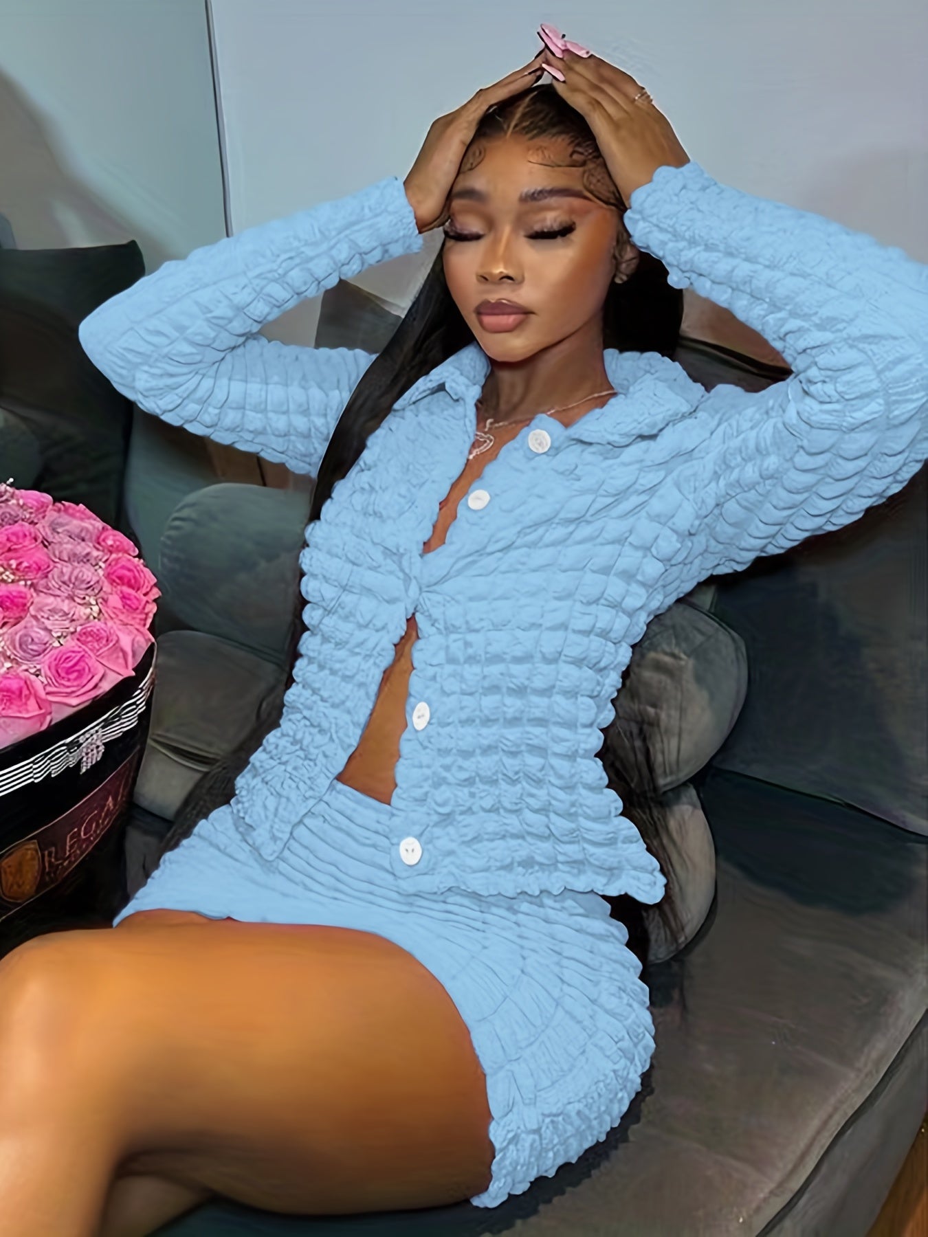 vlovelaw Popcorn Style Two-piece Skirt Set, Button Front Top & Textured Skirt Outfits, Women's Clothing
