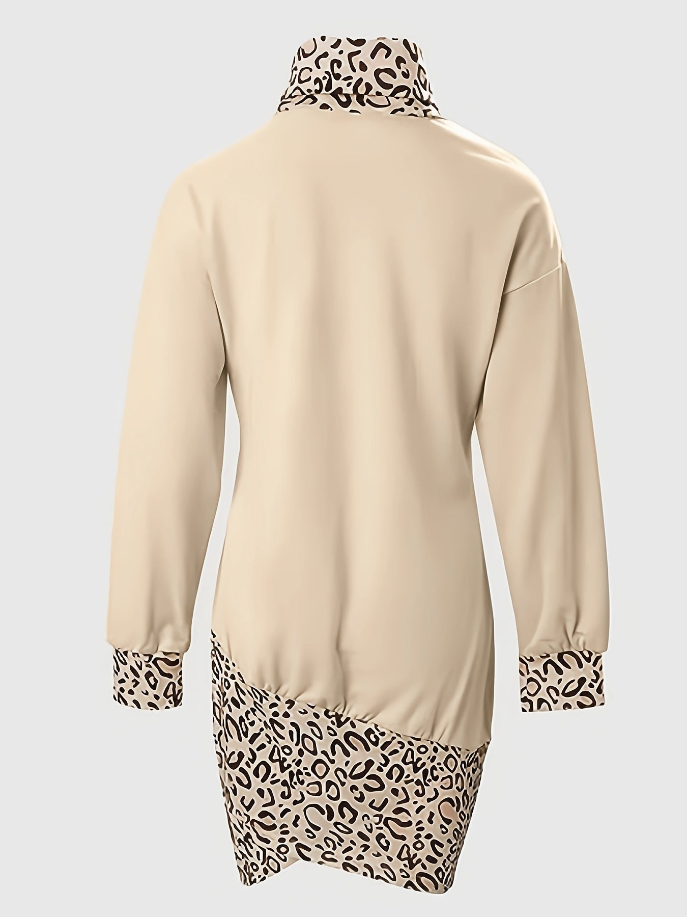 vlovelaw Leopard Print Contrast Trim Dress, Casual High Neck Long Sleeve Dress, Women's Clothing