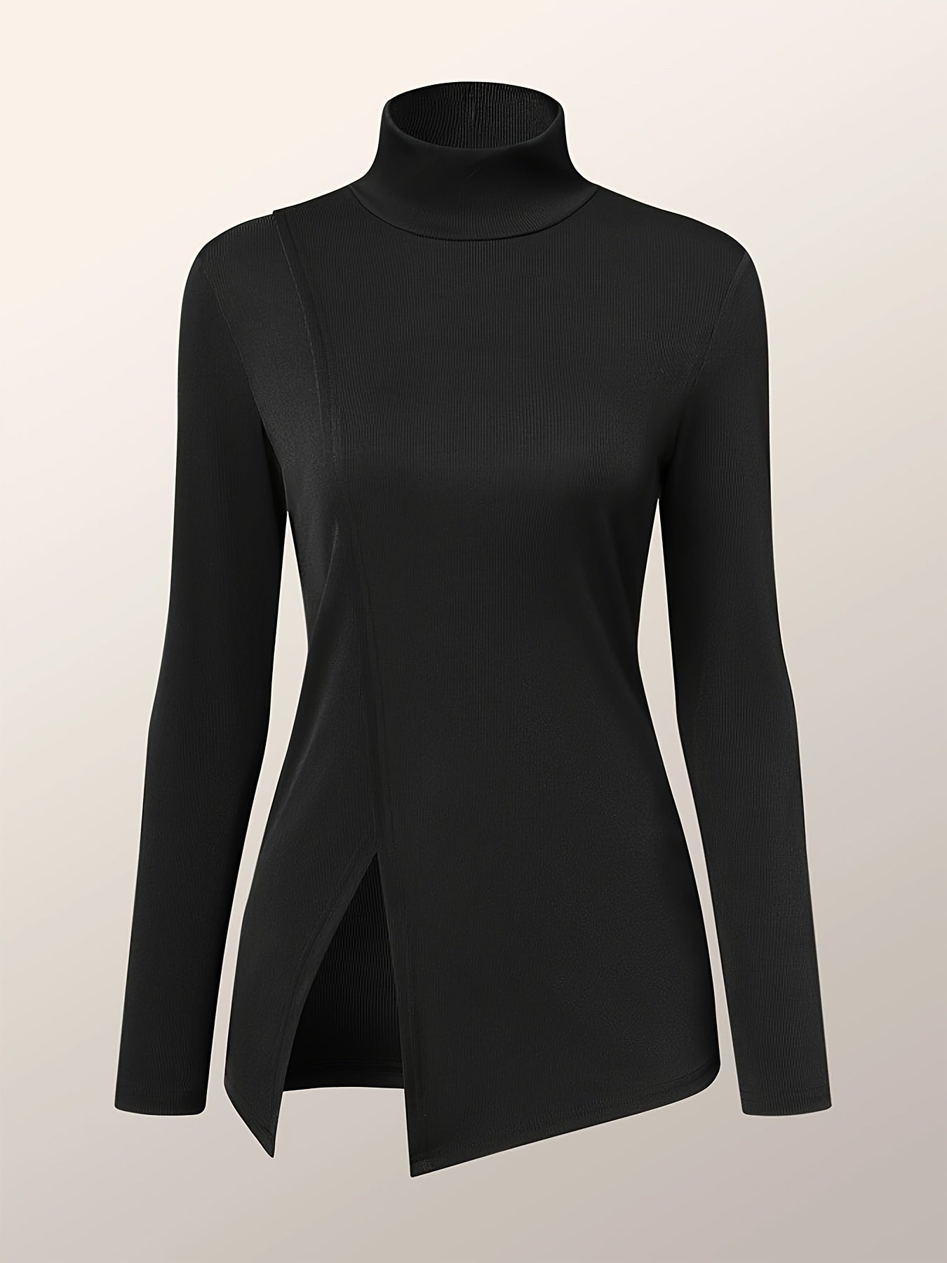 Solid Split Hem Mock Neck Top, Elegant Long Sleeve T-Shirt For Spring & Fall, Women's Clothing
