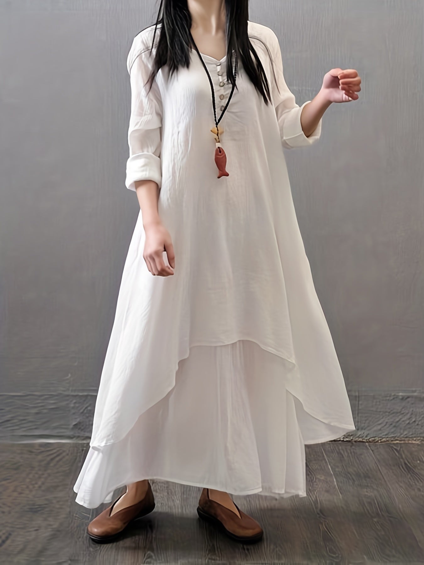 Layered Solid Dress, Casual V Neck Long Sleeve Maxi Dress, Women's Clothing