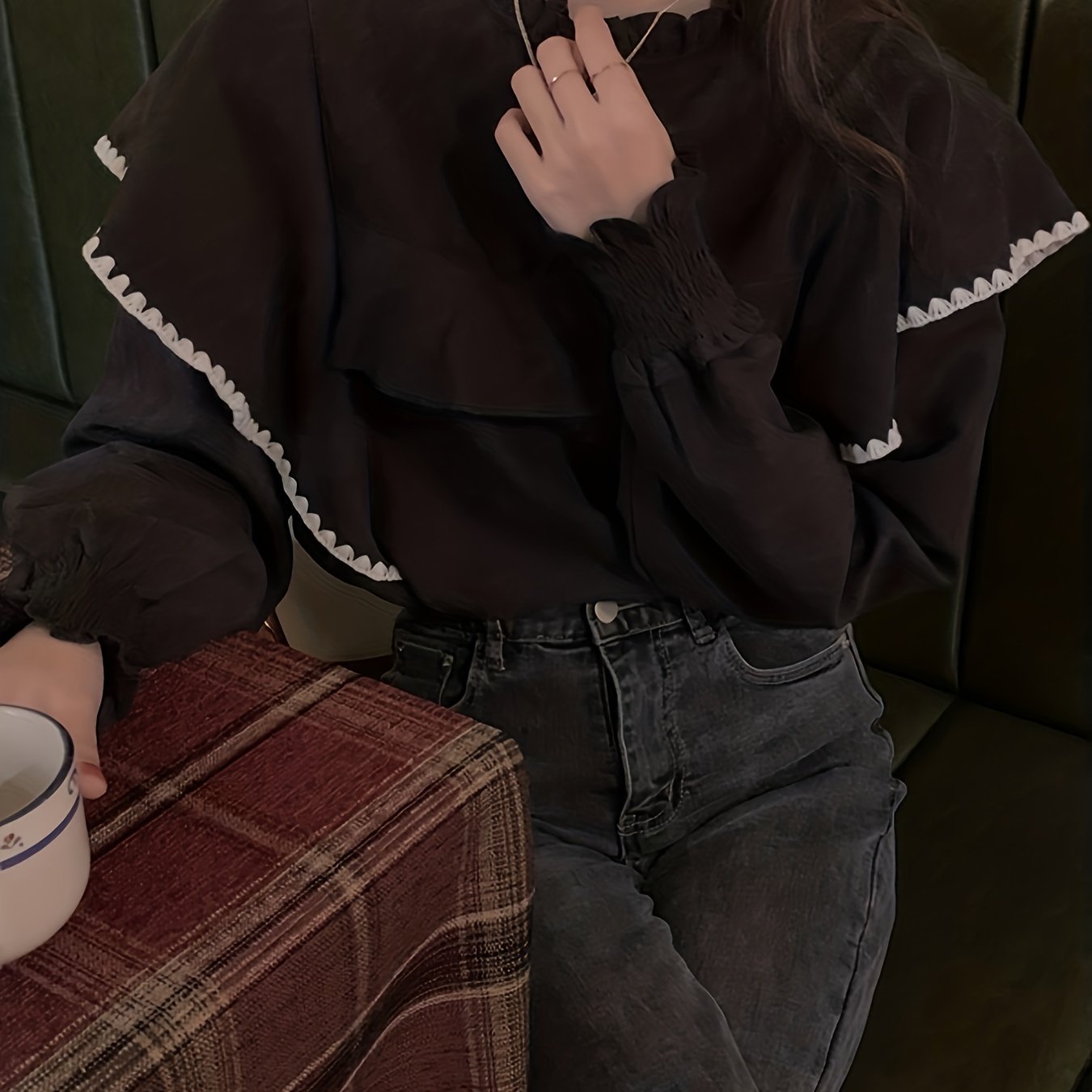 Ruffle Trim Crew Neck Blouse, Elegant Long Sleeve Versatile Blouse, Women's Clothing