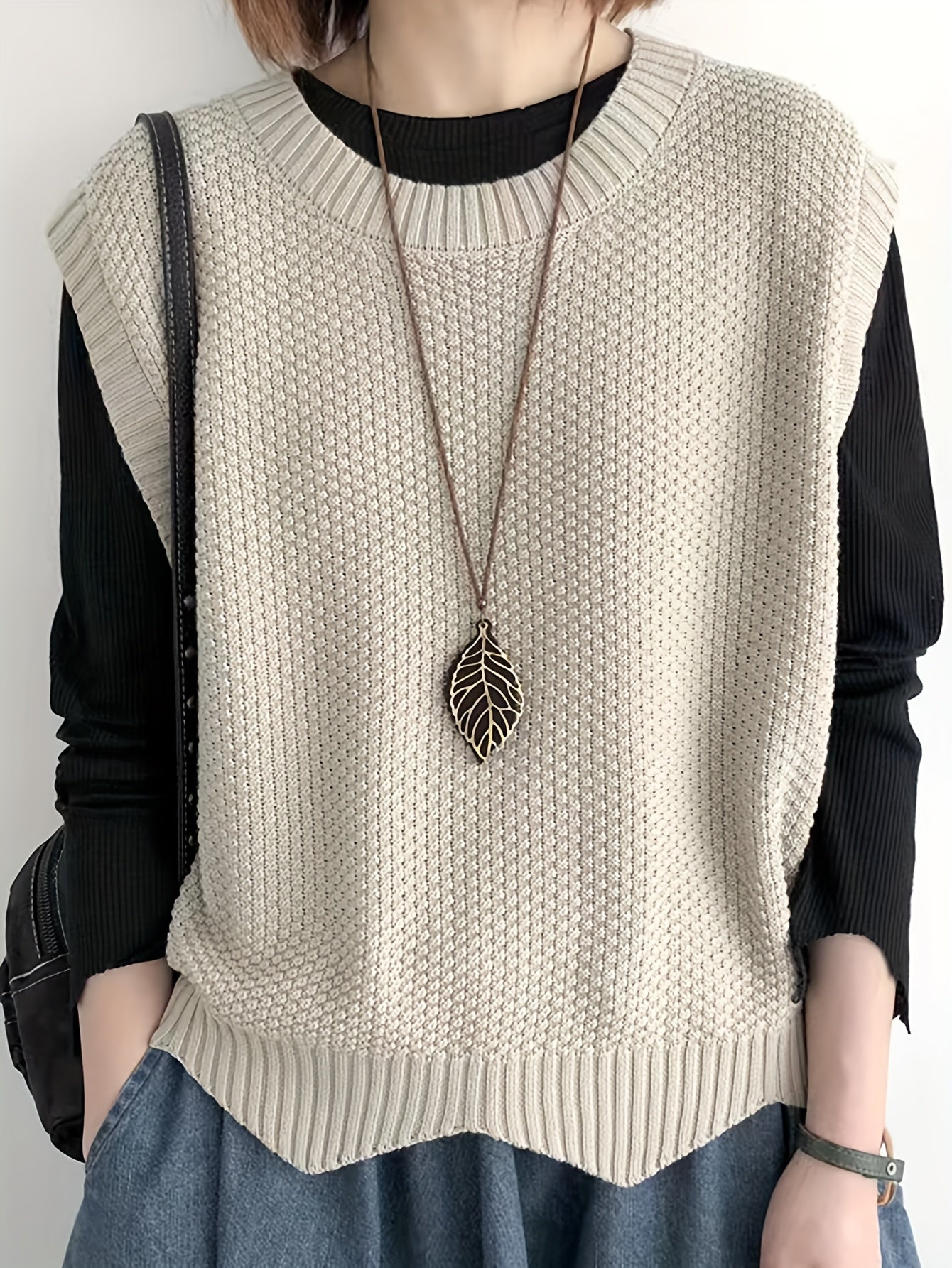 vlovelaw vlovelaw Solid Crew Neck Sweater Vest, Casual Sleeveless Vest For Spring & Fall, Women's Clothing