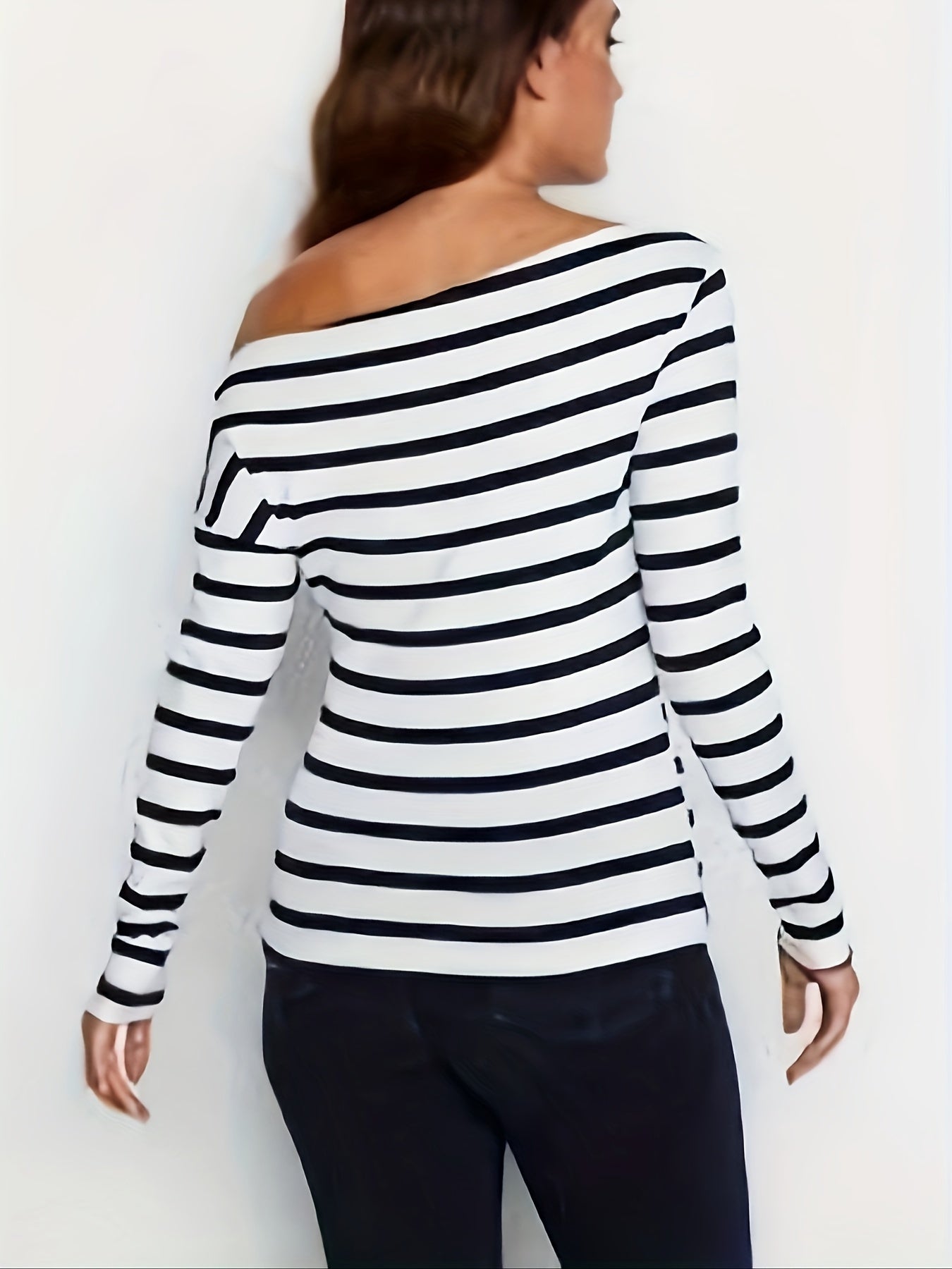 Striped Print One Shoulder T-Shirt, Long Sleeve Top For Spring & Fall, Women's Clothing
