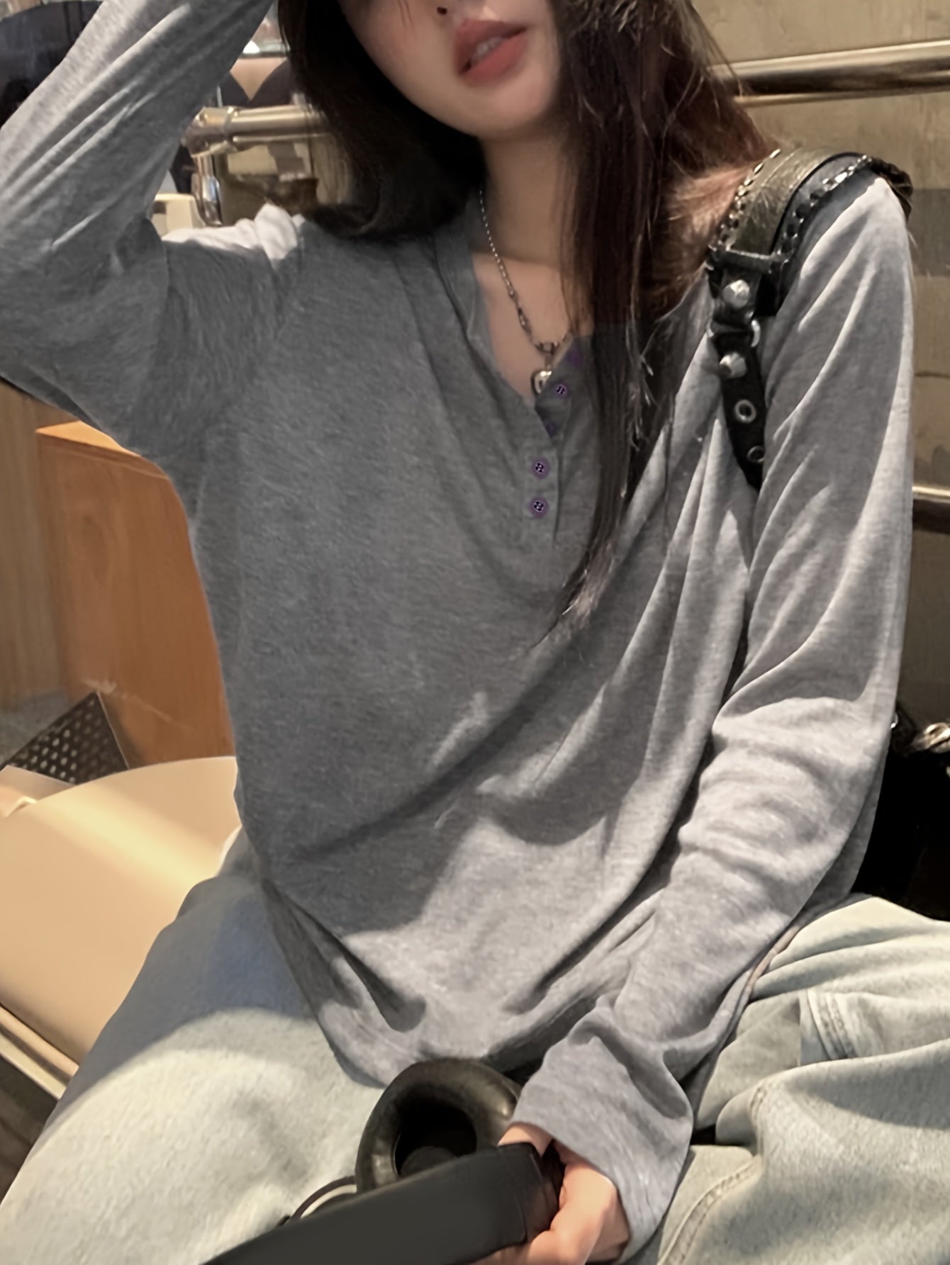 vlovelaw  Button Front Solid T-Shirt, Casual Long Sleeve Top For Spring & Fall, Women's Clothing