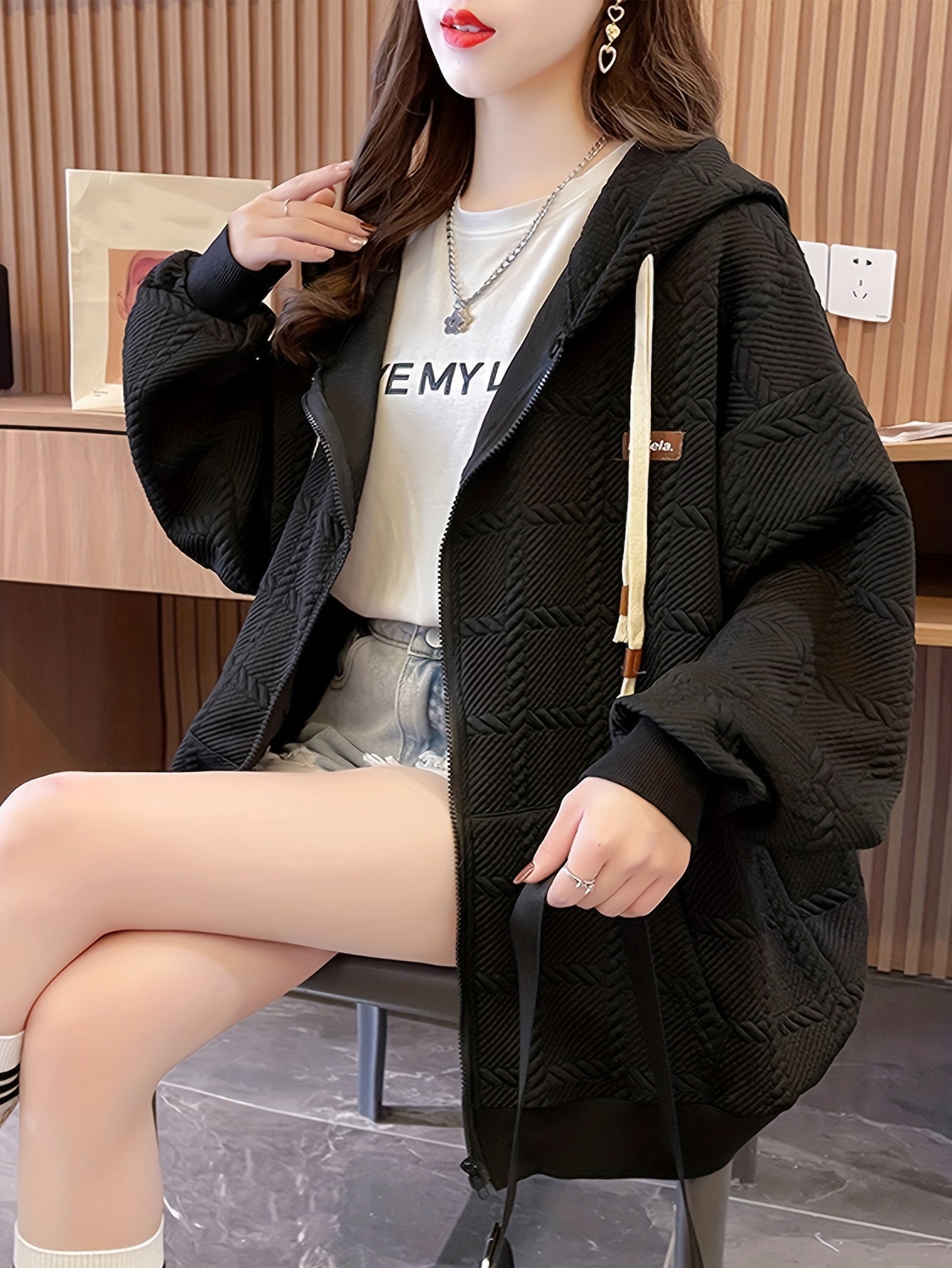 vlovelaw Slant Pockets Zip-up Cable Hoodie, Casual Lantern Sleeve Drawstring Hoodie Coat, Women's Clothing