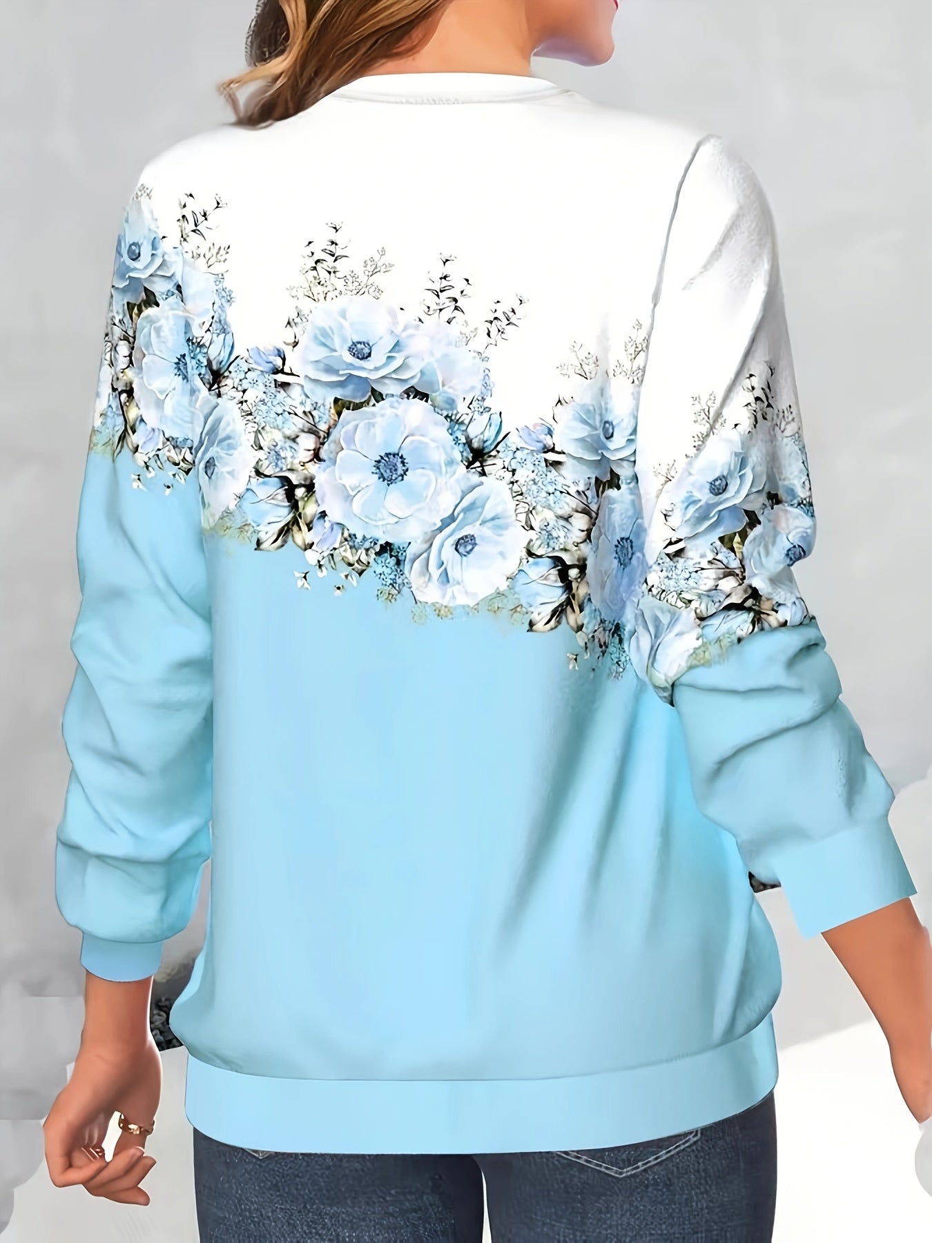 vlovelaw Crew Neck Flowers Print Sweatshirt, Casual Sports Running Long Sleeve Tops, Women's Clothing