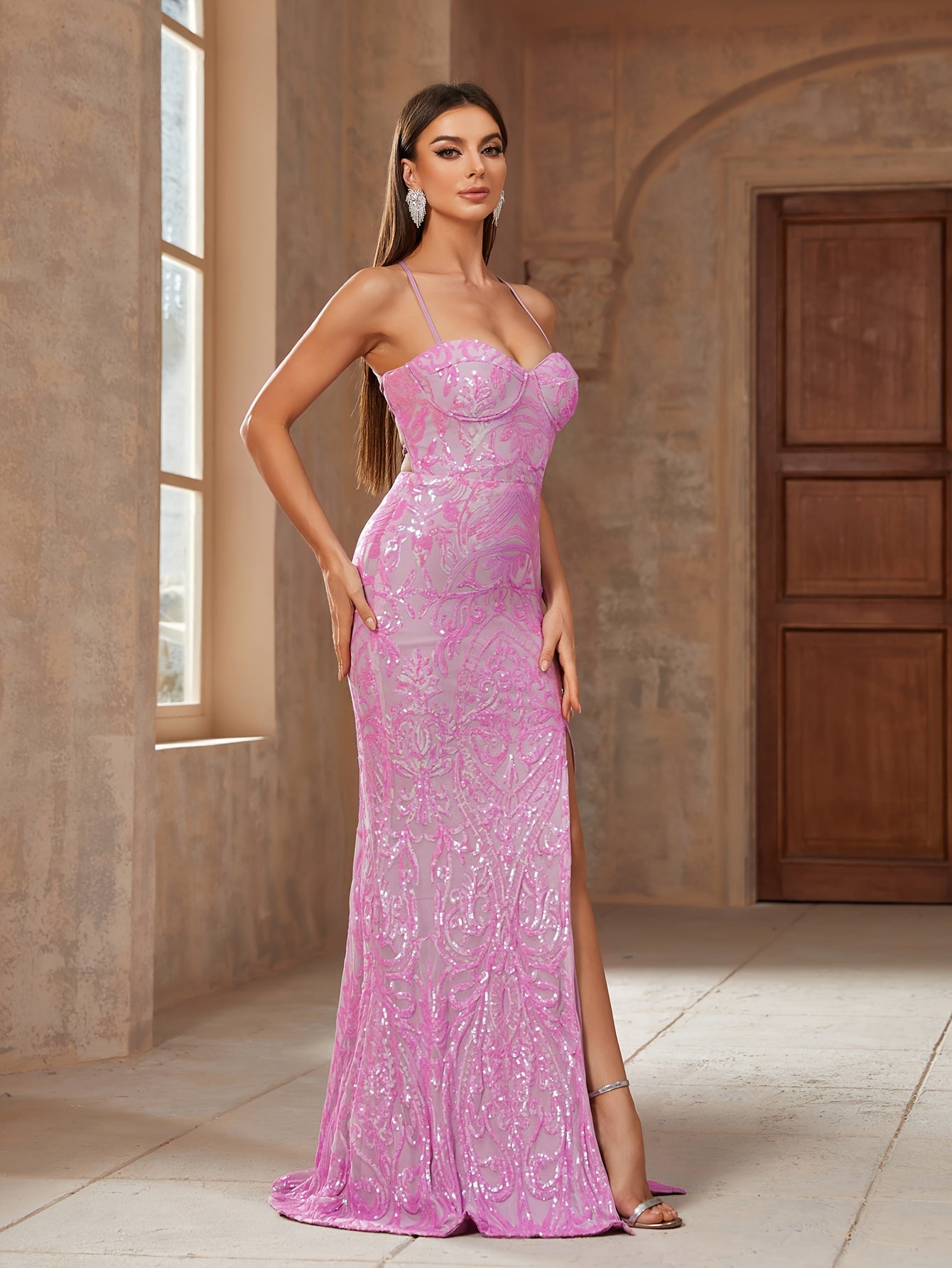 vlovelaw Sequin Spaghetti Strap Dress, Elegant Backless Split Thigh Evening Dress For Party & Banquet, Women's Clothing