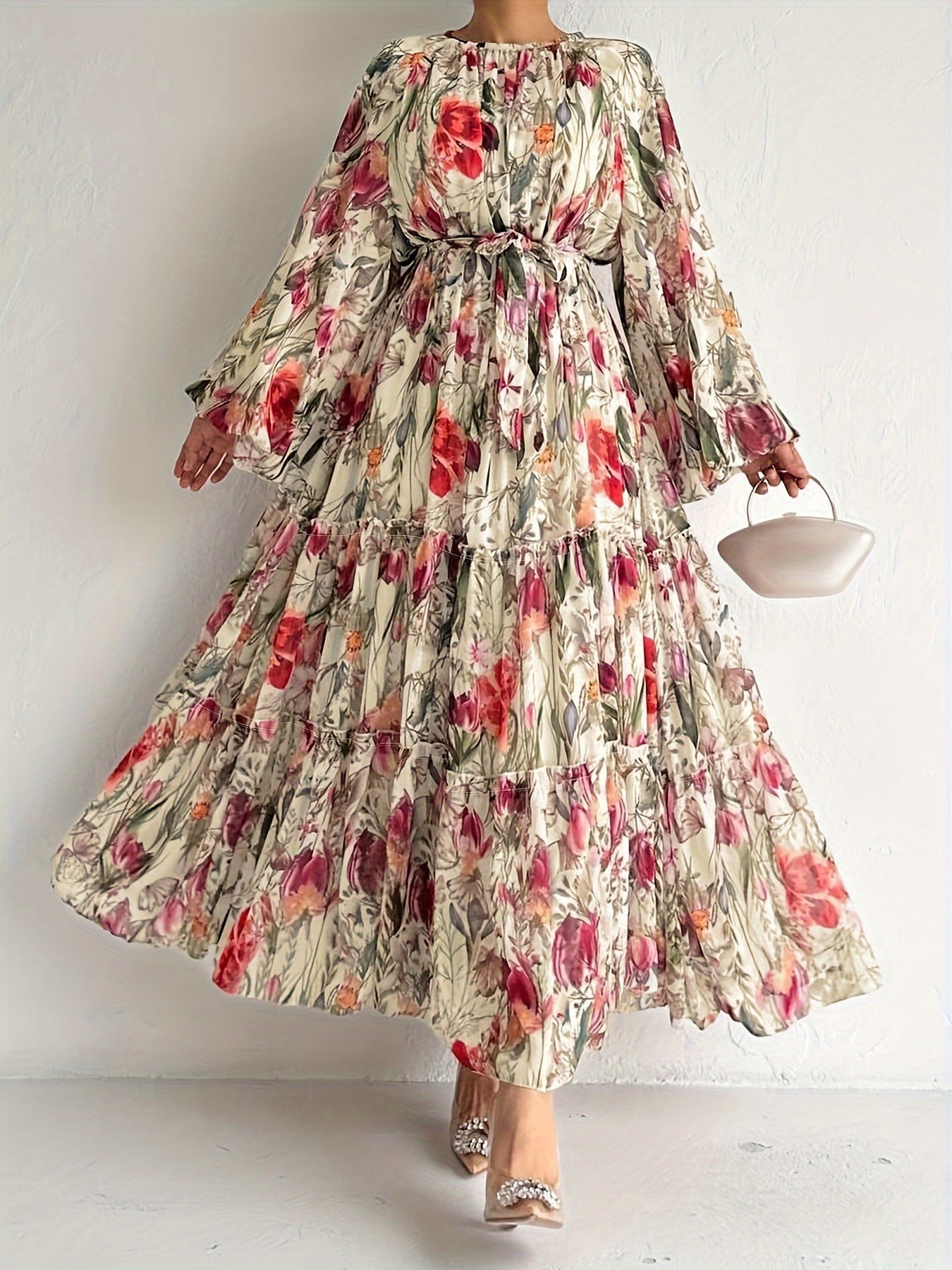 vlovelaw Floral Print Crew Neck Dress, Casual Lantern Sleeve Belted Dress, Women's Clothing