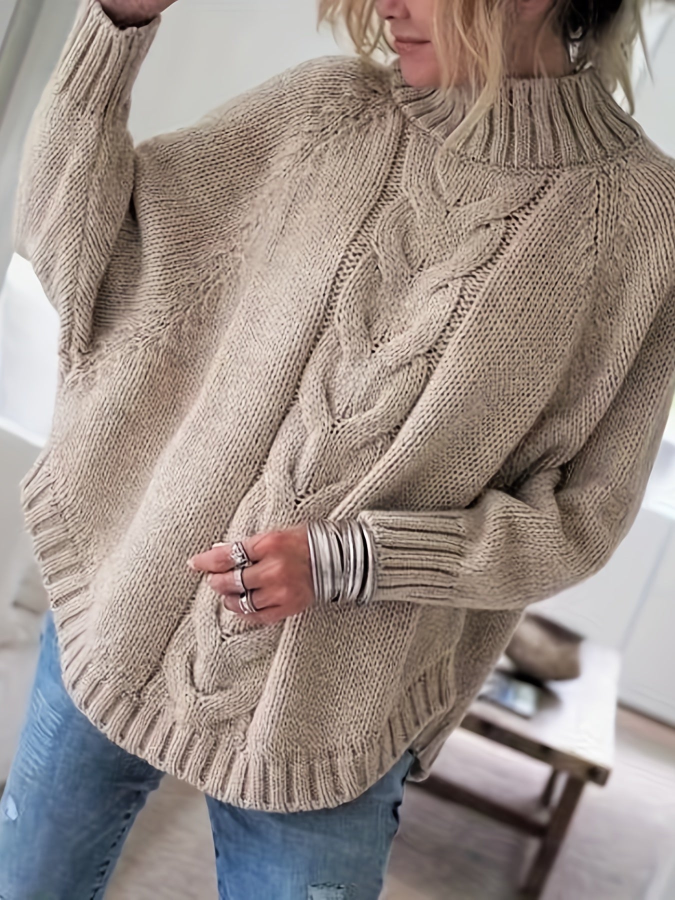 Cable Mock Neck Sweater, Vintage Batwing Sleeve Curved Hem Sweater, Women's Clothing