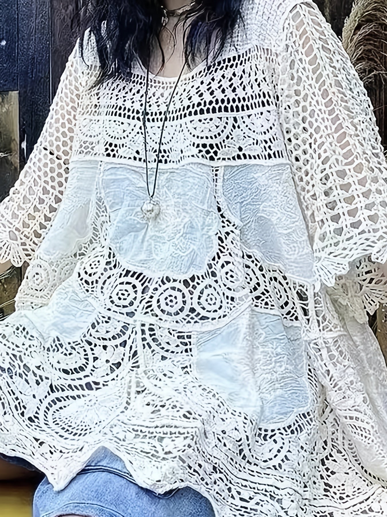 vlovelaw Crochet Cover Up Top, Casual Beach Wear Cut Out Half Sleeve Top, Women's Clothing
