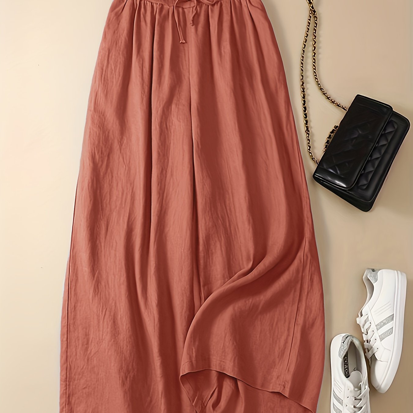 vlovelaw Plus Size Casual Pants, Women's Plus Solid High Waist Drawstring Wide Leg Loose Pants