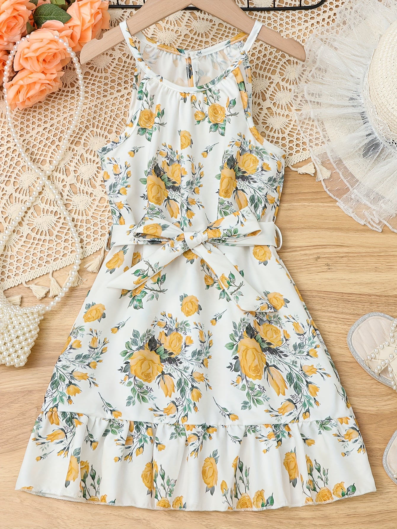 Adorable Vintage-Inspired Girls Floral Halter Dress - Flowy & Breathable for Summer Holidays, Perfect Festive Party Wear & Gift Idea