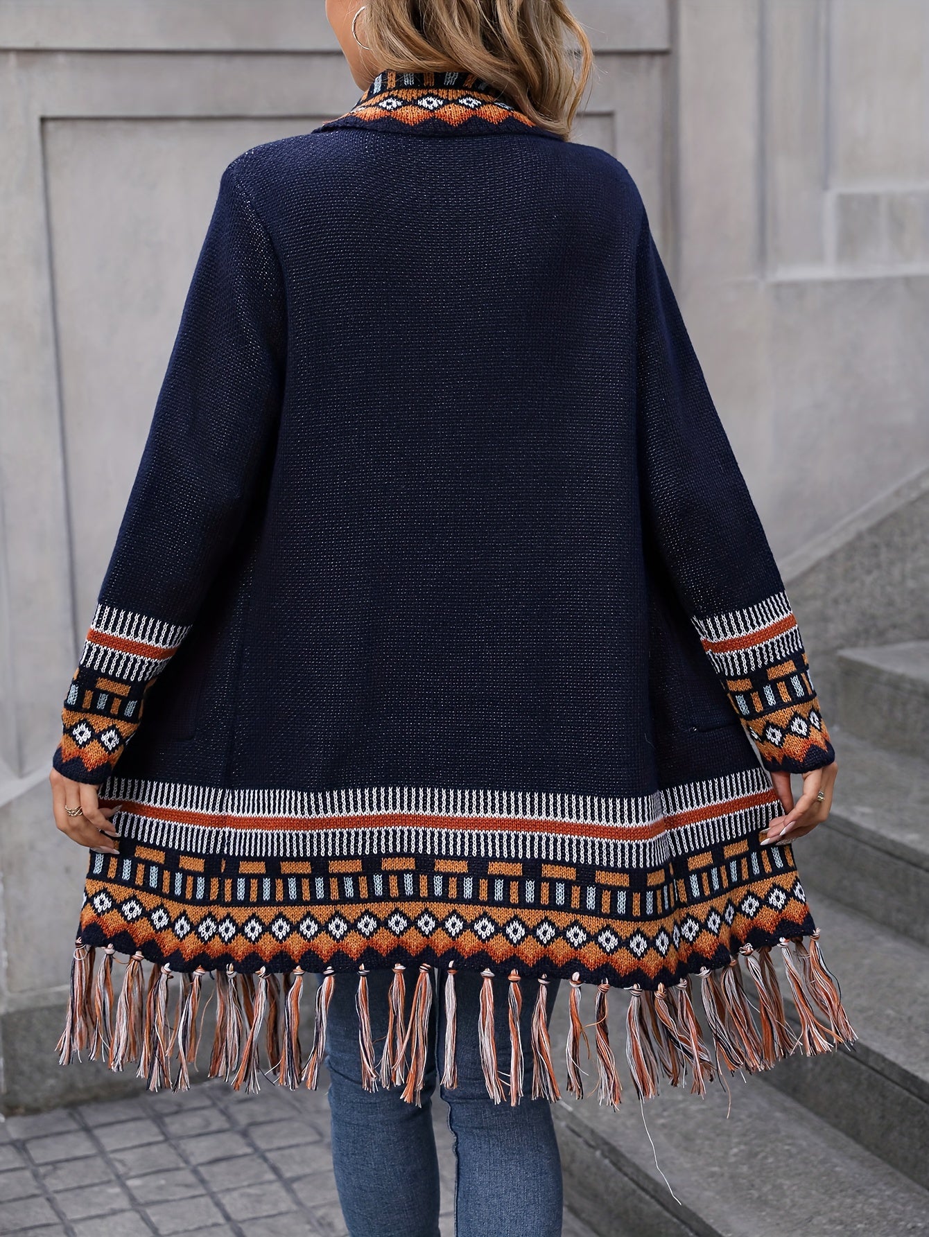 Ethnic Pattern Tassel Trim Knit Cardigan, Vintage Open Front Long Sleeve Pocket Sweater, Women's Clothing