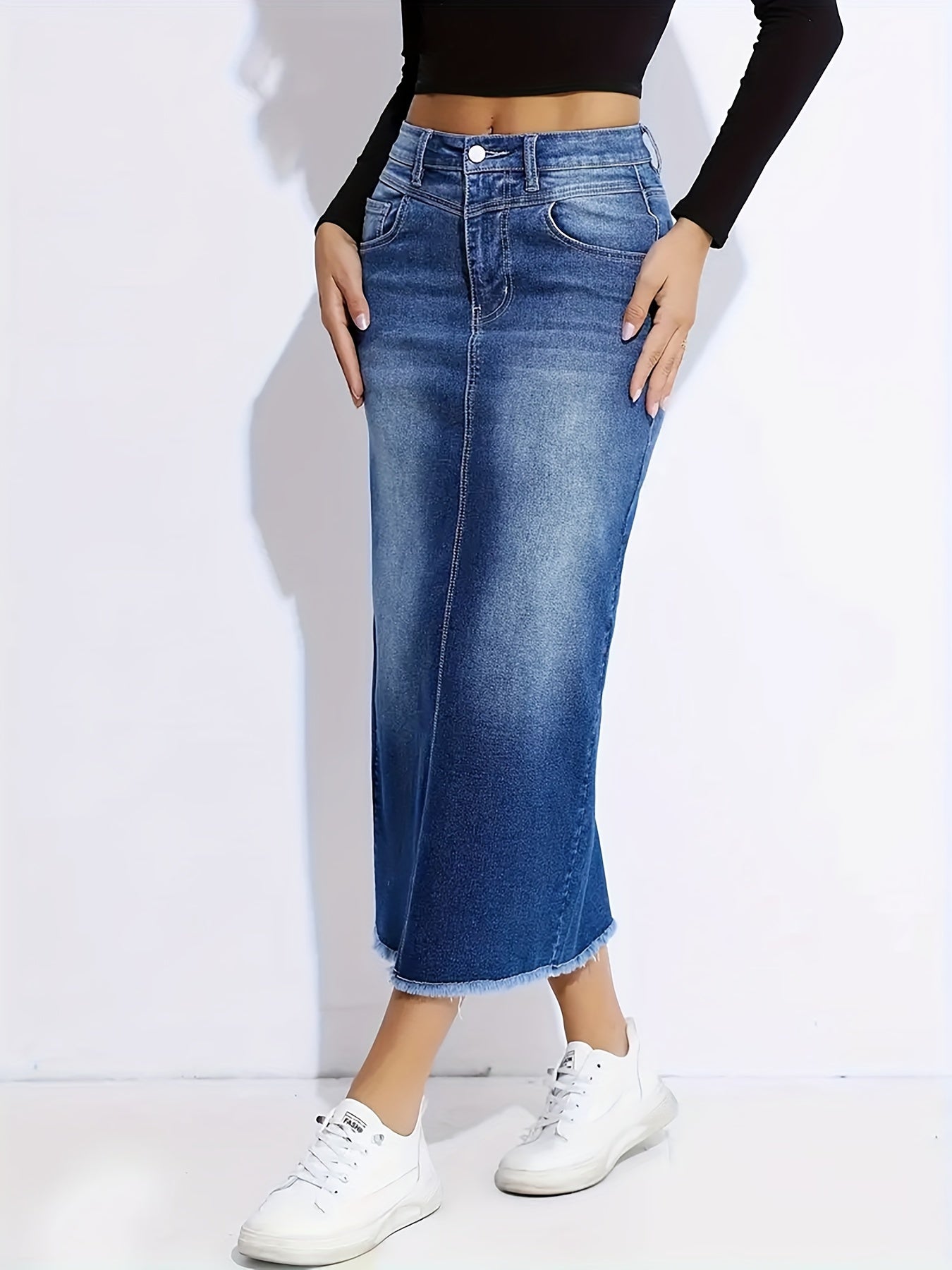 Blue Raw Hem Denim Skirt, High-Stretch Slant Pockets Split Back Denim Midi Skirt, Women's Denim Clothing