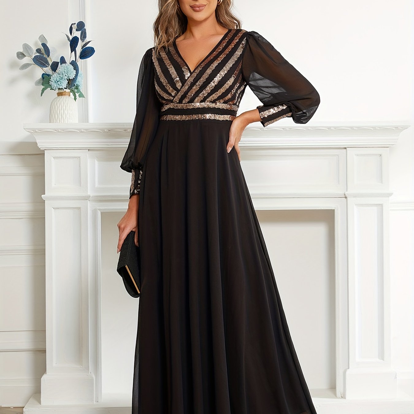 Elegant Striped Sequined Surplice Neck Dress, Sleeveless Ankle Dress For Party & Banquet, Women's Clothing