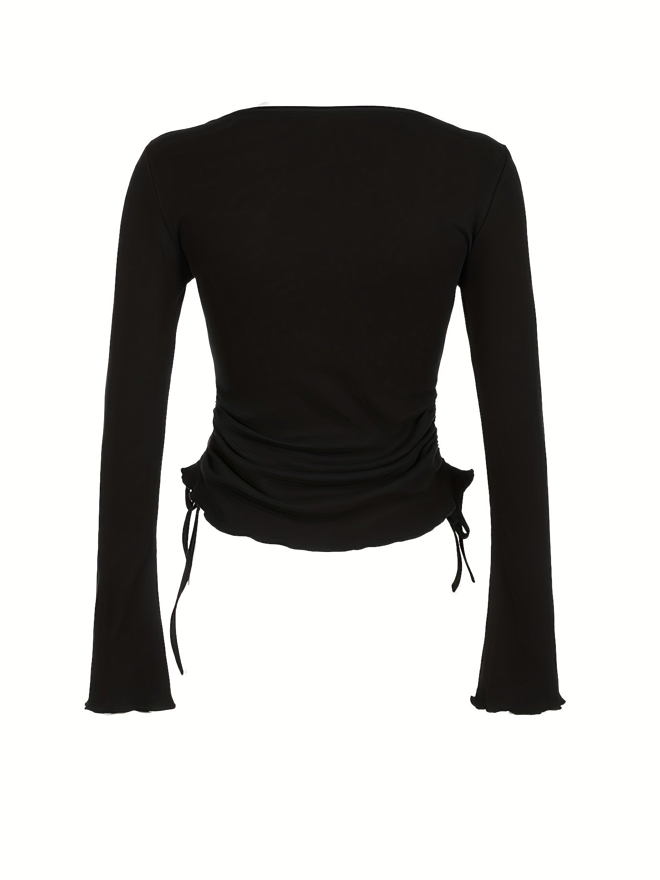 Solid Crew Neck T-shirt, Casual Long Sleeve Ruched Top For Spring & Fall, Women's Clothing