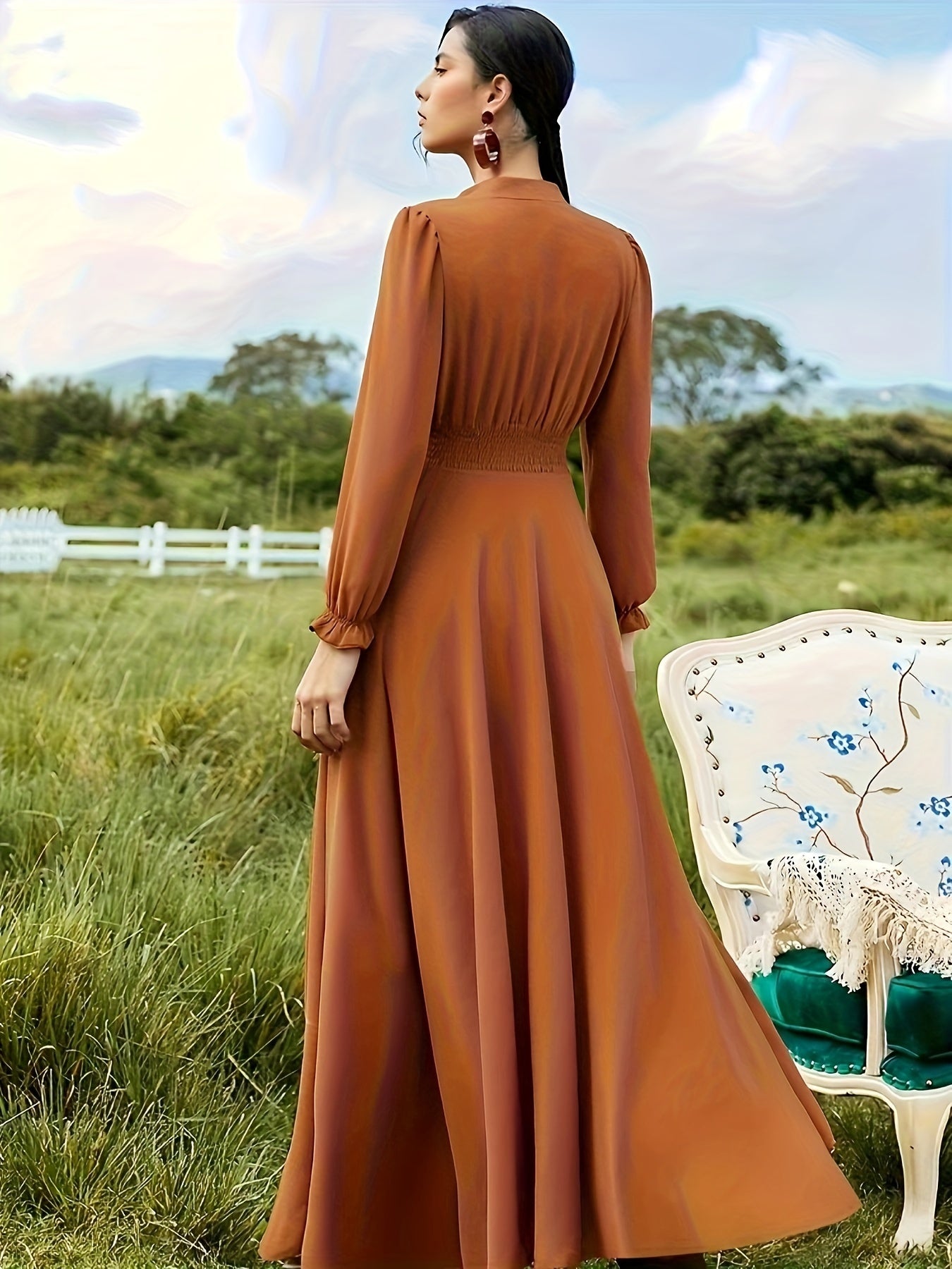 vlovelaw Solid Crew Neck Button Decor Burqas, Elegant Long Sleeve Maxi Dress, Women's Clothing