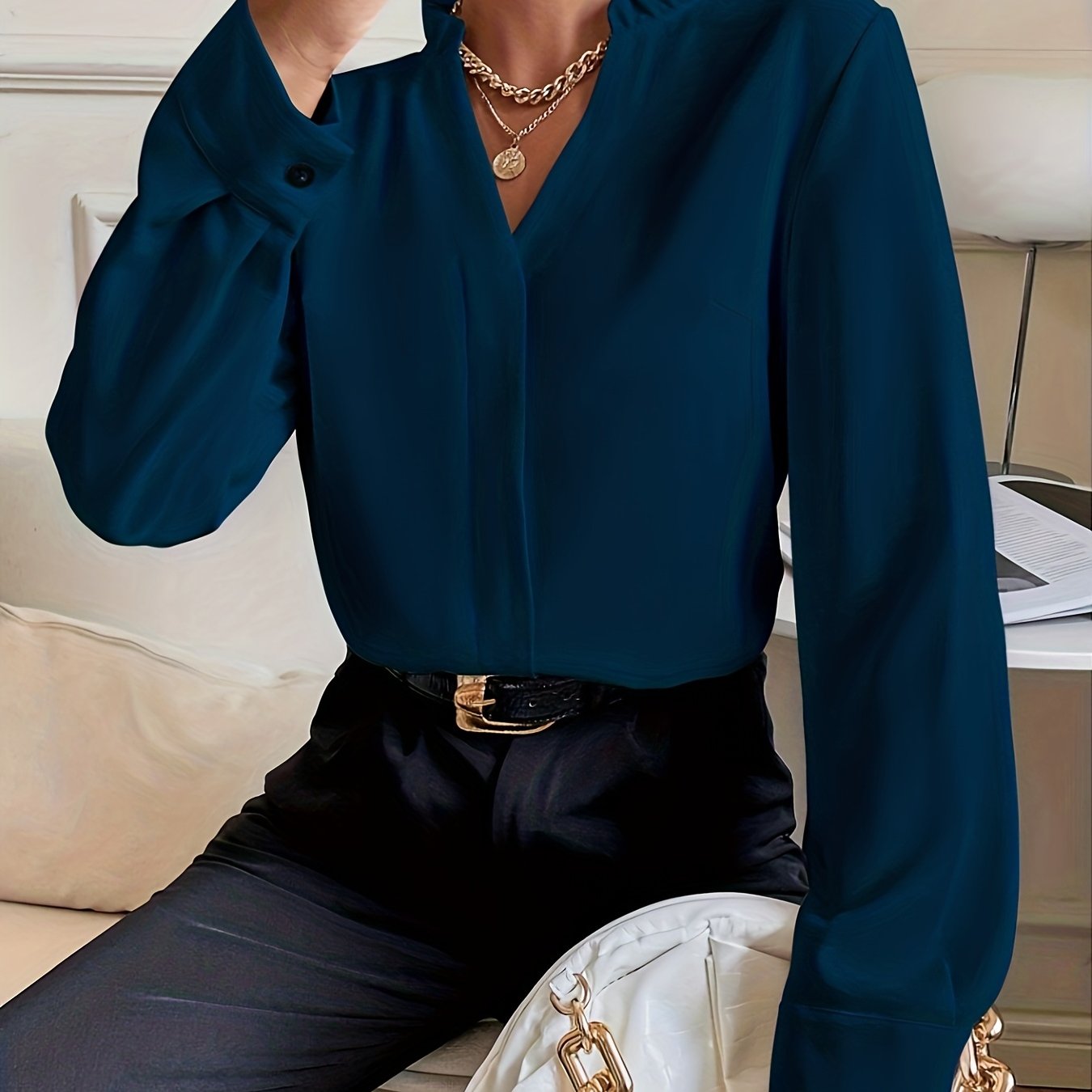vlovelaw Simple Solid Blouse, Elegant Lettuce Trim V Neck Long Sleeve Blouse, Women's Clothing