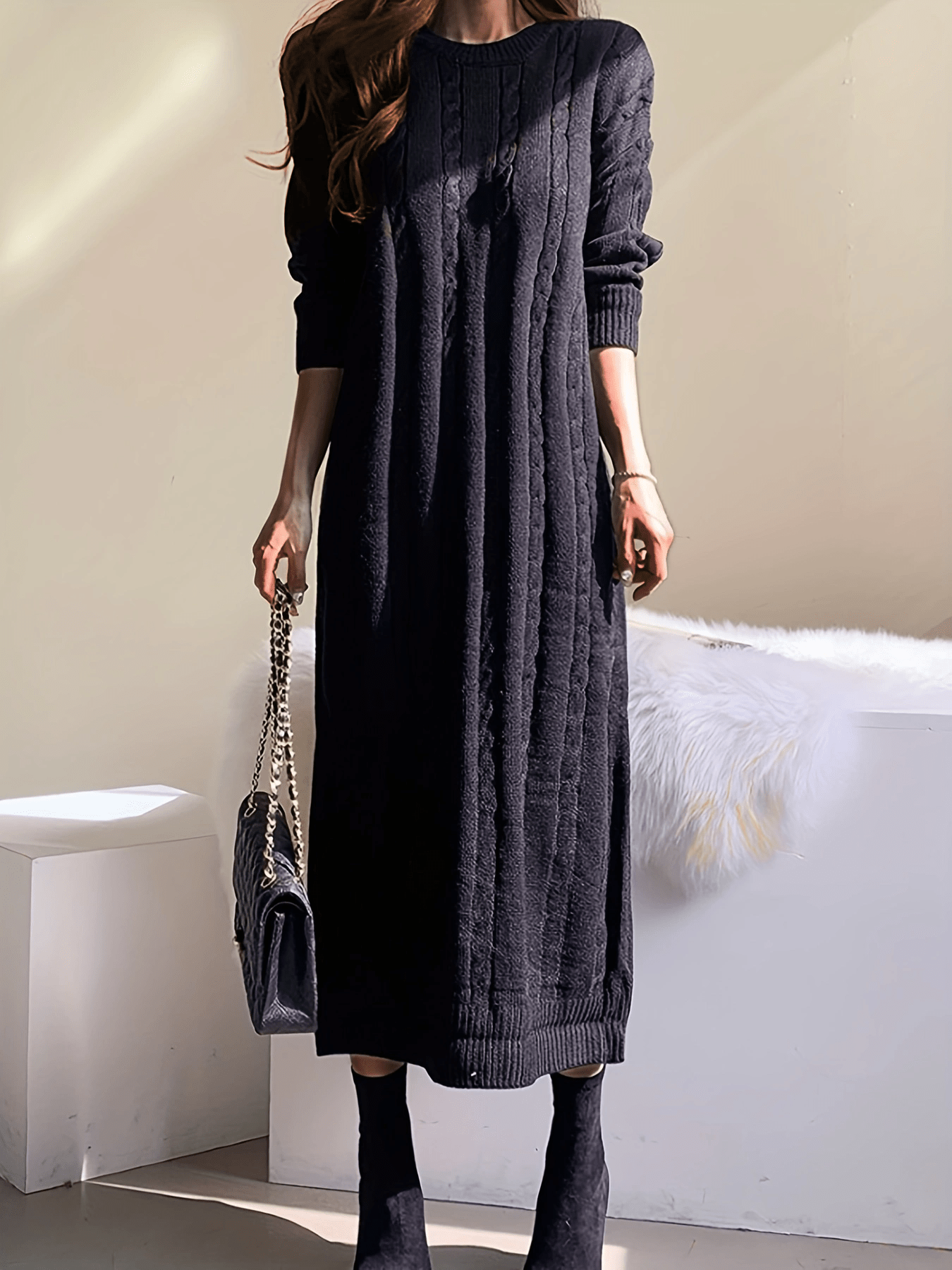 Solid Cable Knit Sweater Dress, Casual Long Sleeve Midi Dress, Women's Clothing