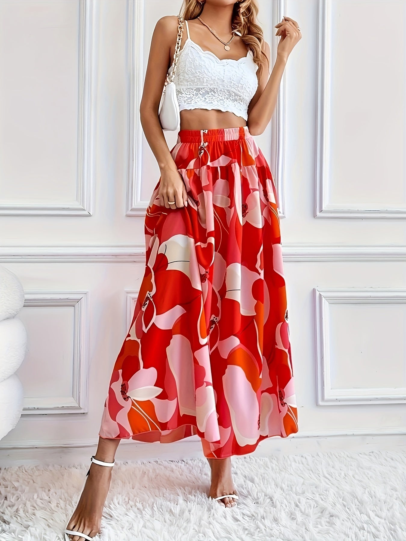Plus Size Elegant Skirt, Women's Plus Floral Print Elastic High Rise Flowy Maxi Skirt
