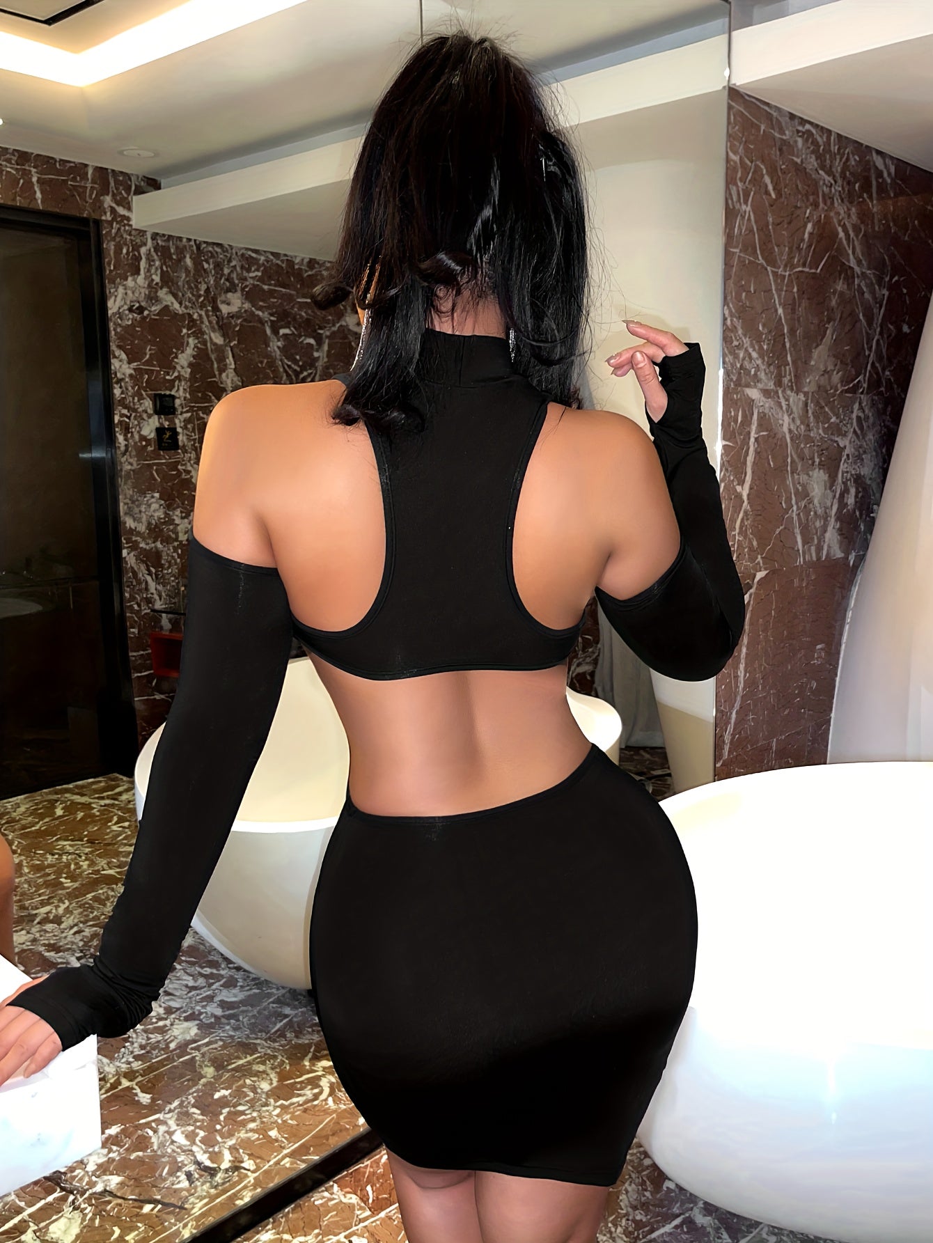 vlovelaw Cold Shoulder Backless Dress, Sexy Long Sleeve Bodycon Club Dress, Women's Clothing