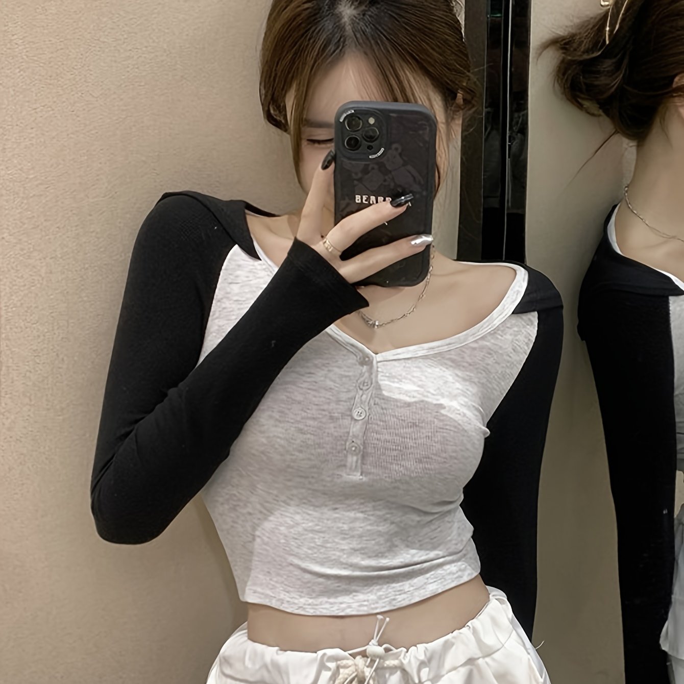 vlovelaw Contrast Trim Button Front T-Shirt, Casual Long Sleeve T-Shirt For Spring & Fall, Women's Clothing