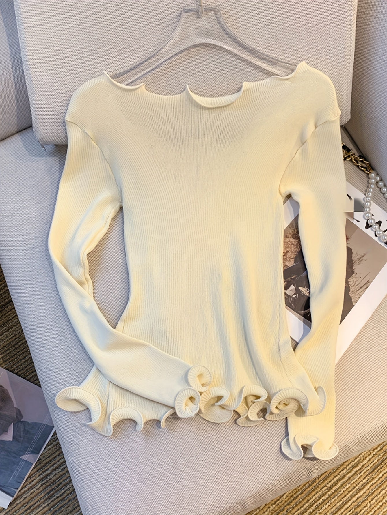 vlovelaw vlovelaw Solid Lettuce Trim Bowknot Pullover Sweater, Casual Long Sleeve Sweater For Spring & Fall, Women's Clothing