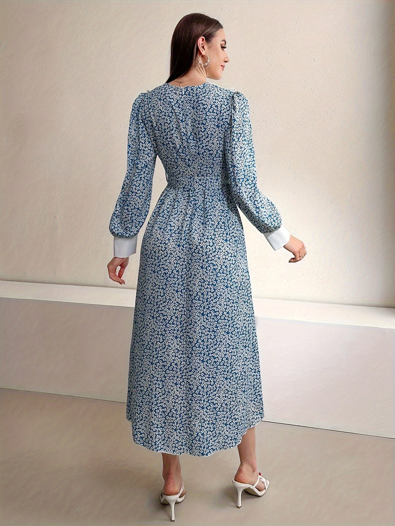 vlovelaw Floral Print Belted Dress, Elegant Long Sleeve Dress For Spring & Fall, Women's Clothing