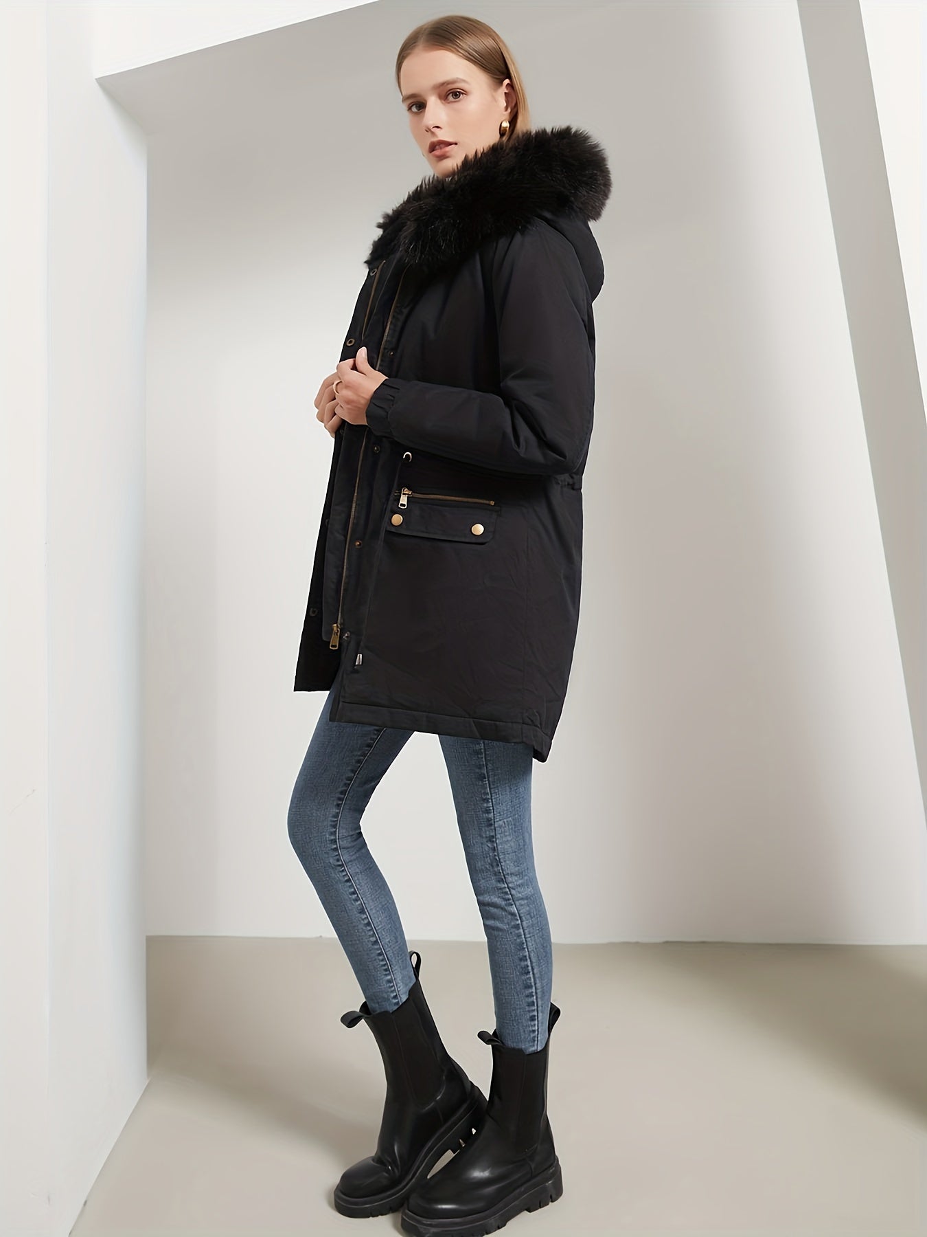 100% Solid Color Women's Mid-Length Thickened Fleece-Lined Warm Cotton Parka Coat with Faux Fur Hood - Casual Polyester Winter Fashion Jacket