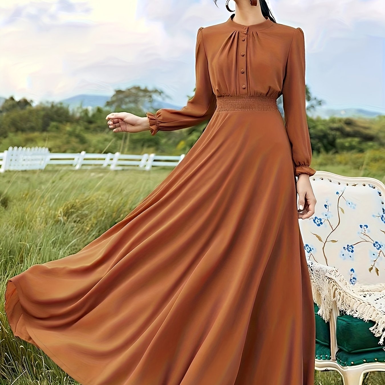 vlovelaw Solid Crew Neck Button Decor Burqas, Elegant Long Sleeve Maxi Dress, Women's Clothing