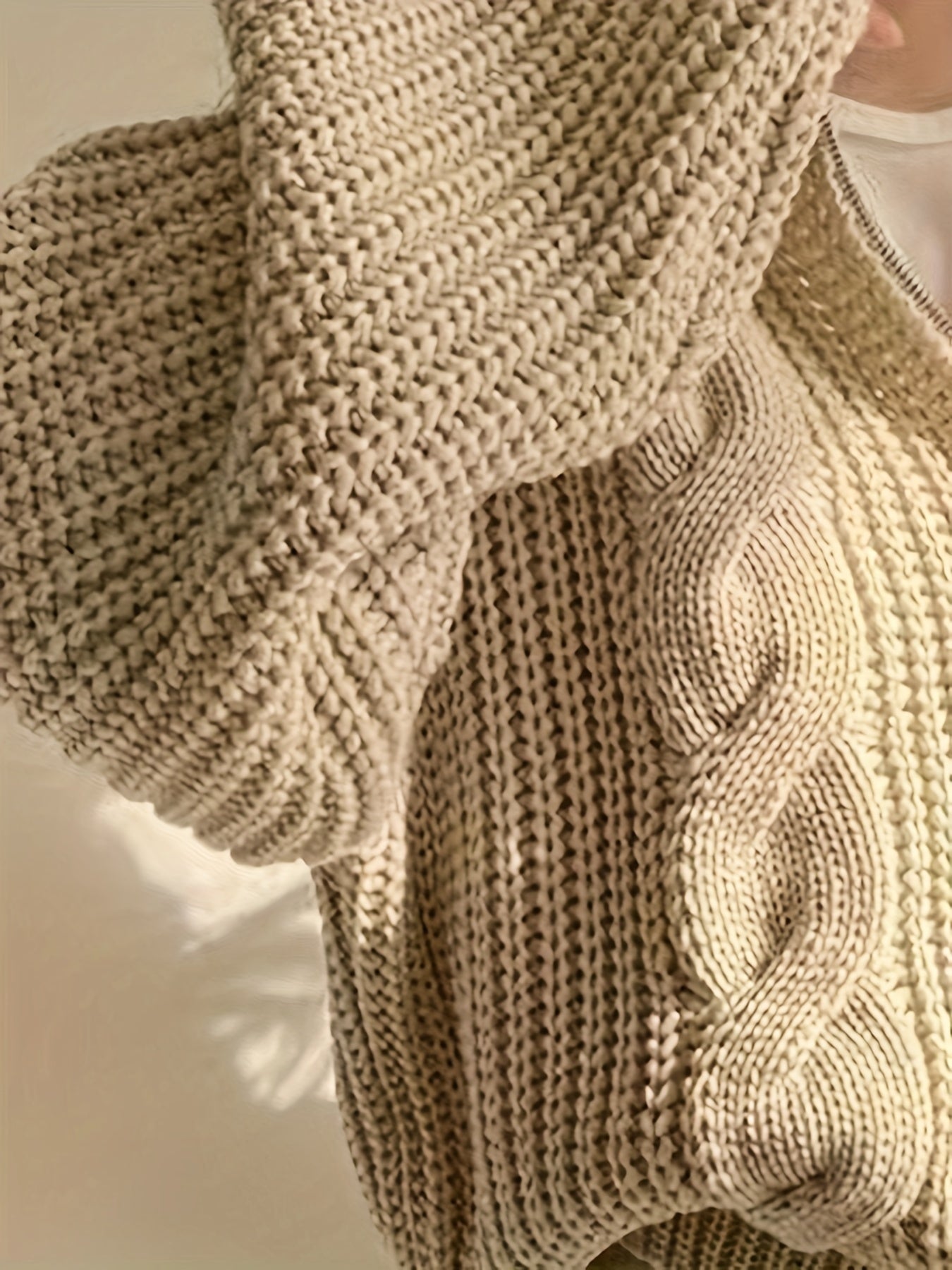 vlovelaw vlovelaw Solid Zip Up Chunky Cable Knit Cardigan, Casual Long Sleeve Loose Sweater, Women's Clothing