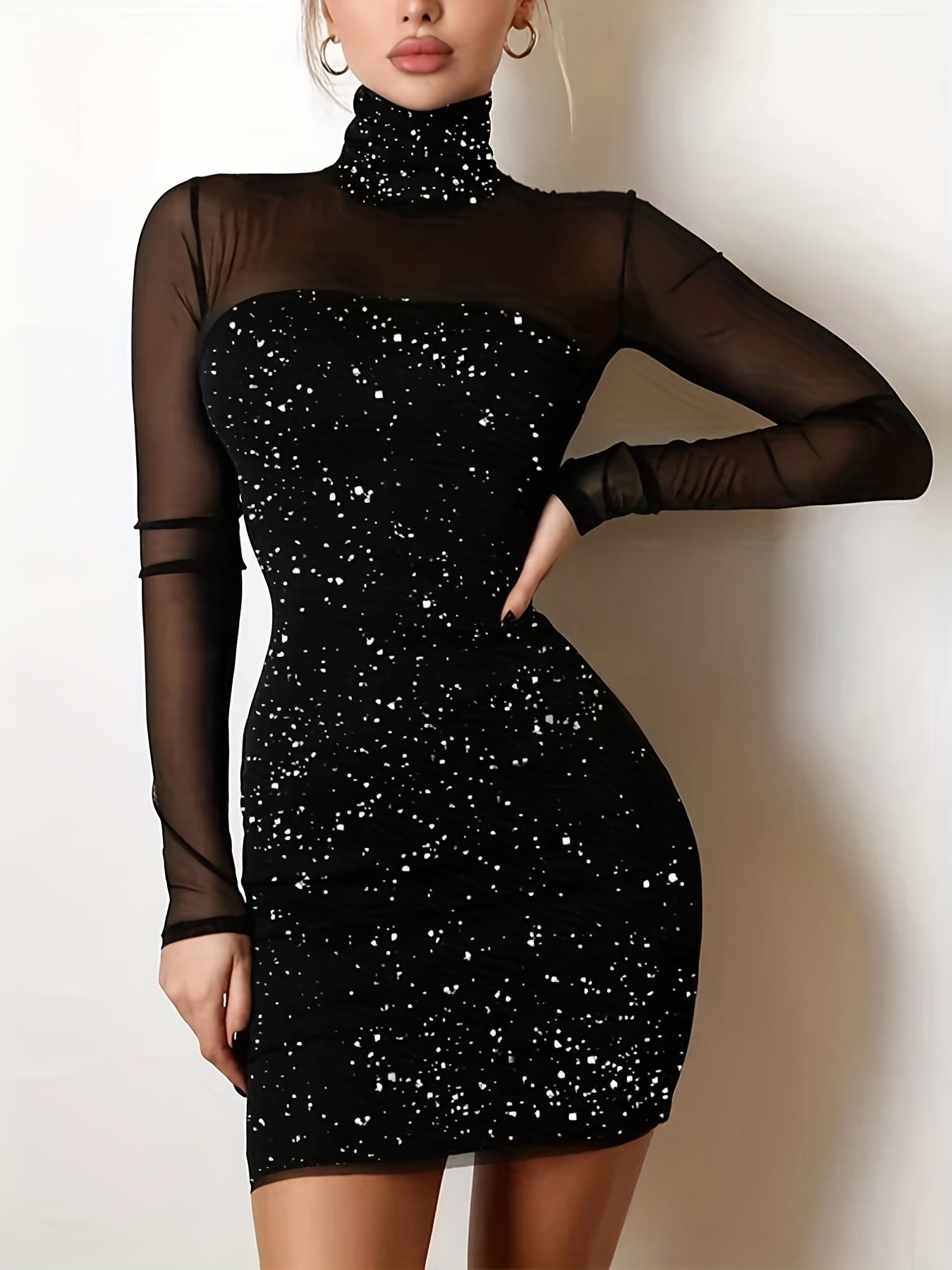 Sheer Splicing Dress, Sexy Solid High Collar Long Sleeve Bodycon Evening Dress, Women's Clothing