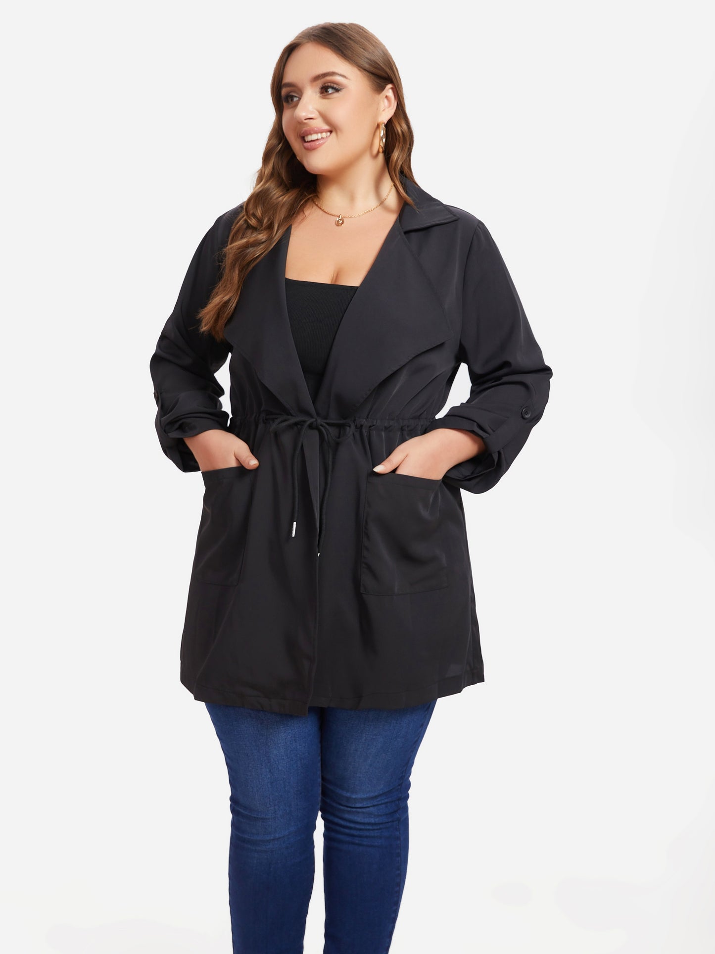 vlovelaw Plus Size Drawstring Pockets Coat, Casual Long Sleeve Lapel Coat For Fall, Women's Plus Size Clothing