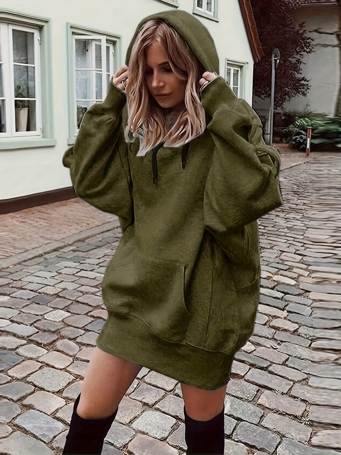vlovelaw Solid Color Kangaroo Pocket Hoodie, Casual Long Sleeve Thigh Length Drawstring Hoodie Sweatshirt, Women's Clothing