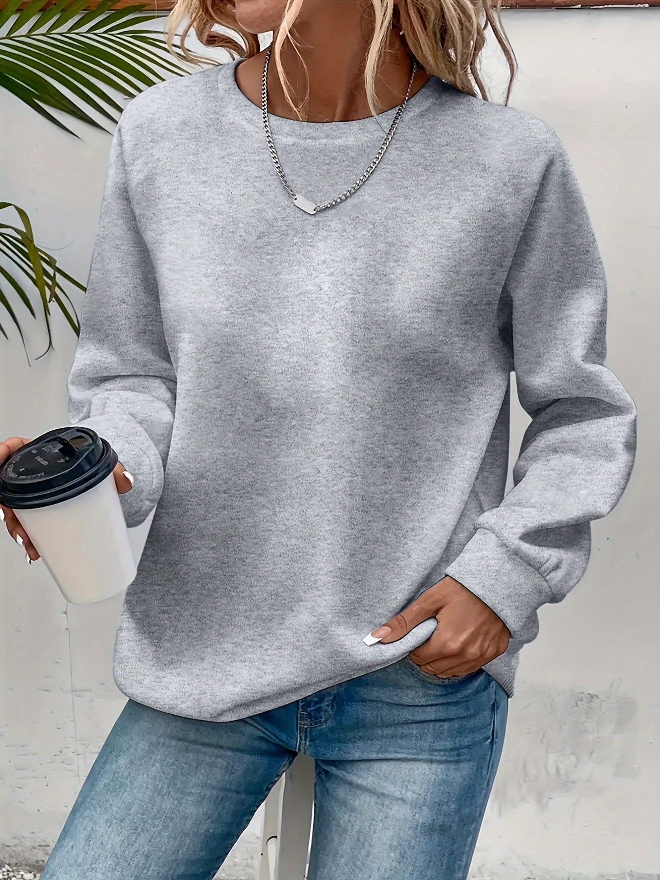 vlovelaw Classical Solid Color Fashion Long Sleeve Sweatshirts, Women's Round Neck Pullover Sweatshirt Top