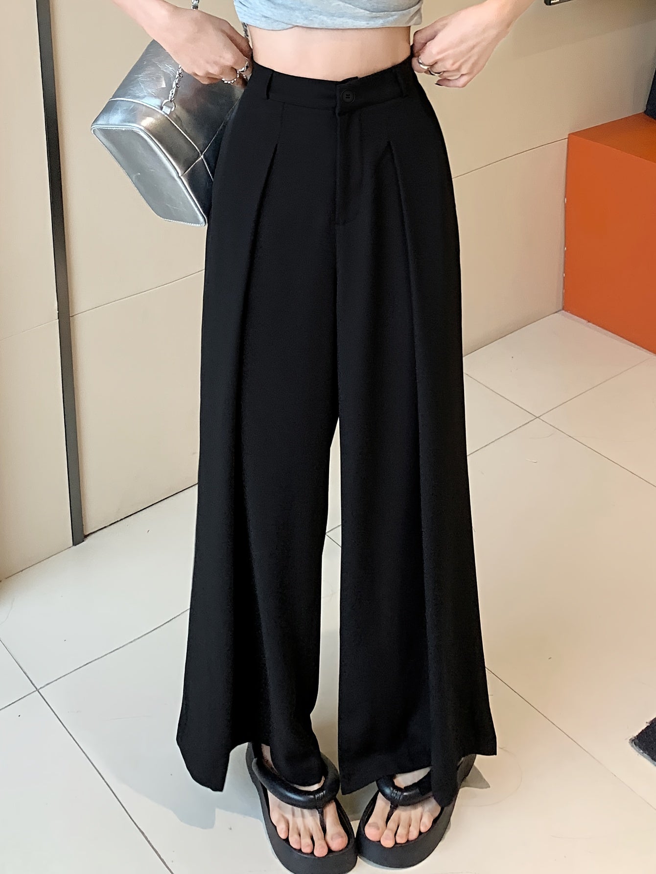 vlovelaw Solid Button Front Wide Leg Pants, Versatile High Waist Pants For Spring & Fall, Women's Clothing