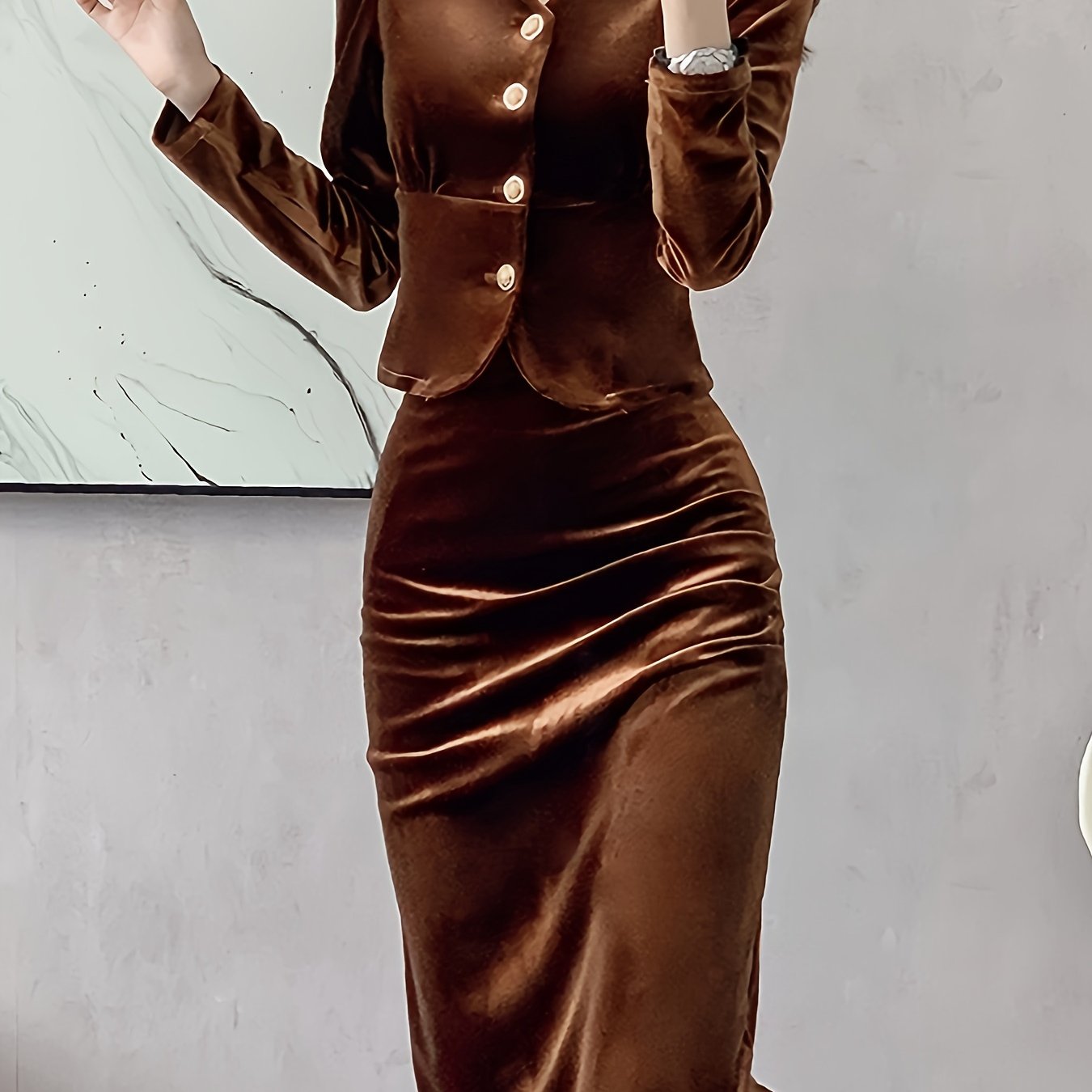 vlovelaw Solid Bodycon Two-piece Set, Button Front Long Sleeve Tops & High Waist Midi Skirts Outfits, Women's Clothing