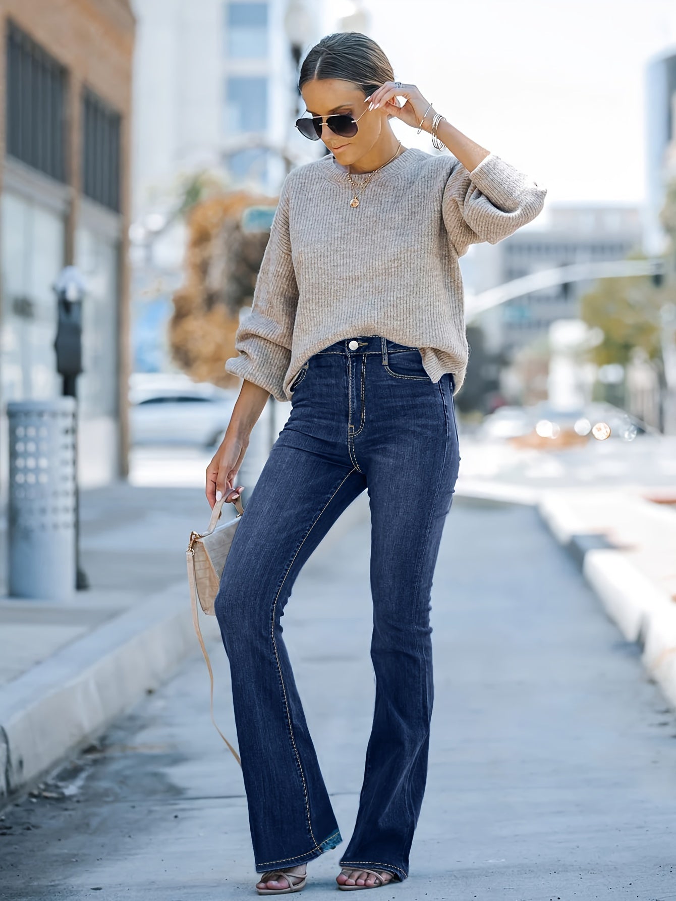 vlovelaw Plus Size Casual Jeans, Women's Plus Washed Button Fly High Rise Medium Stretch Bootcut Jeans
