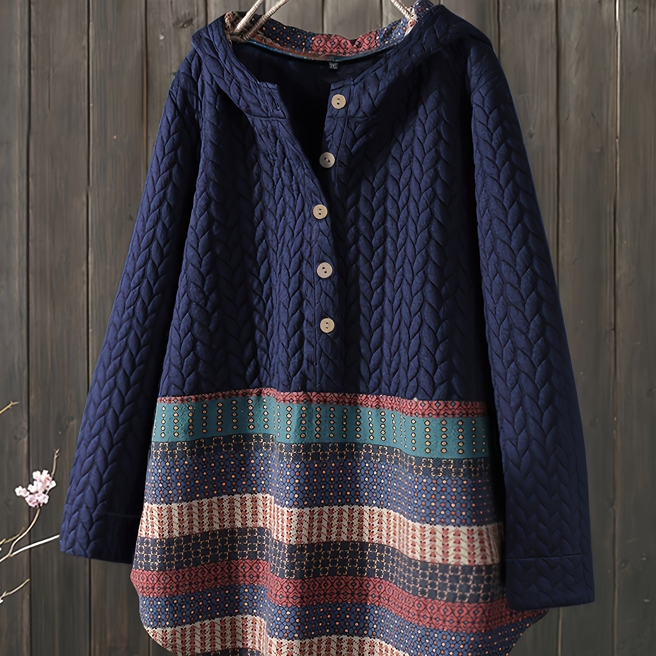 vlovelaw Tribal Print Long Sleeve Hooded Padded Jacket, Casual Button Front Loose Hem Outerwear, Women's Clothing