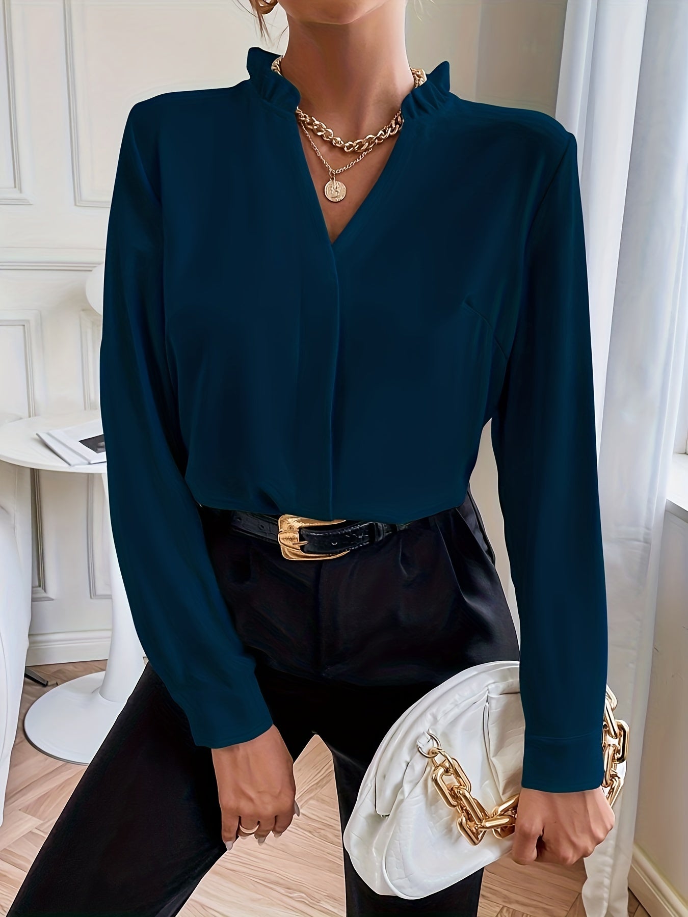 vlovelaw Simple Solid Blouse, Elegant Lettuce Trim V Neck Long Sleeve Blouse, Women's Clothing