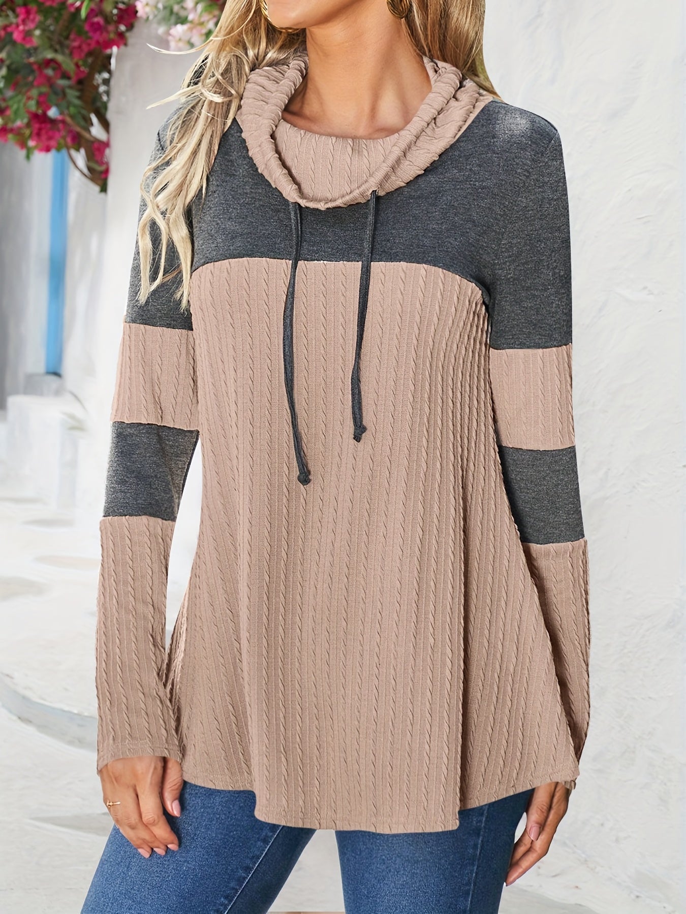 Women's Two Tone Color Drawstring Hooded Shirts, Long Sleeve Loose Textured Casual Pullover Shirt, Women's Fashion Clothing