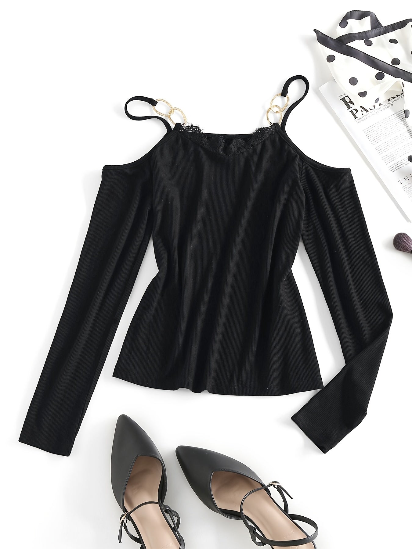vlovelaw Open Shoulder Lace Trim V Neck T-shirt, Casual Loose Long Sleeve Fashion Waist Spring Fall T-Shirts Tops, Women's Clothing