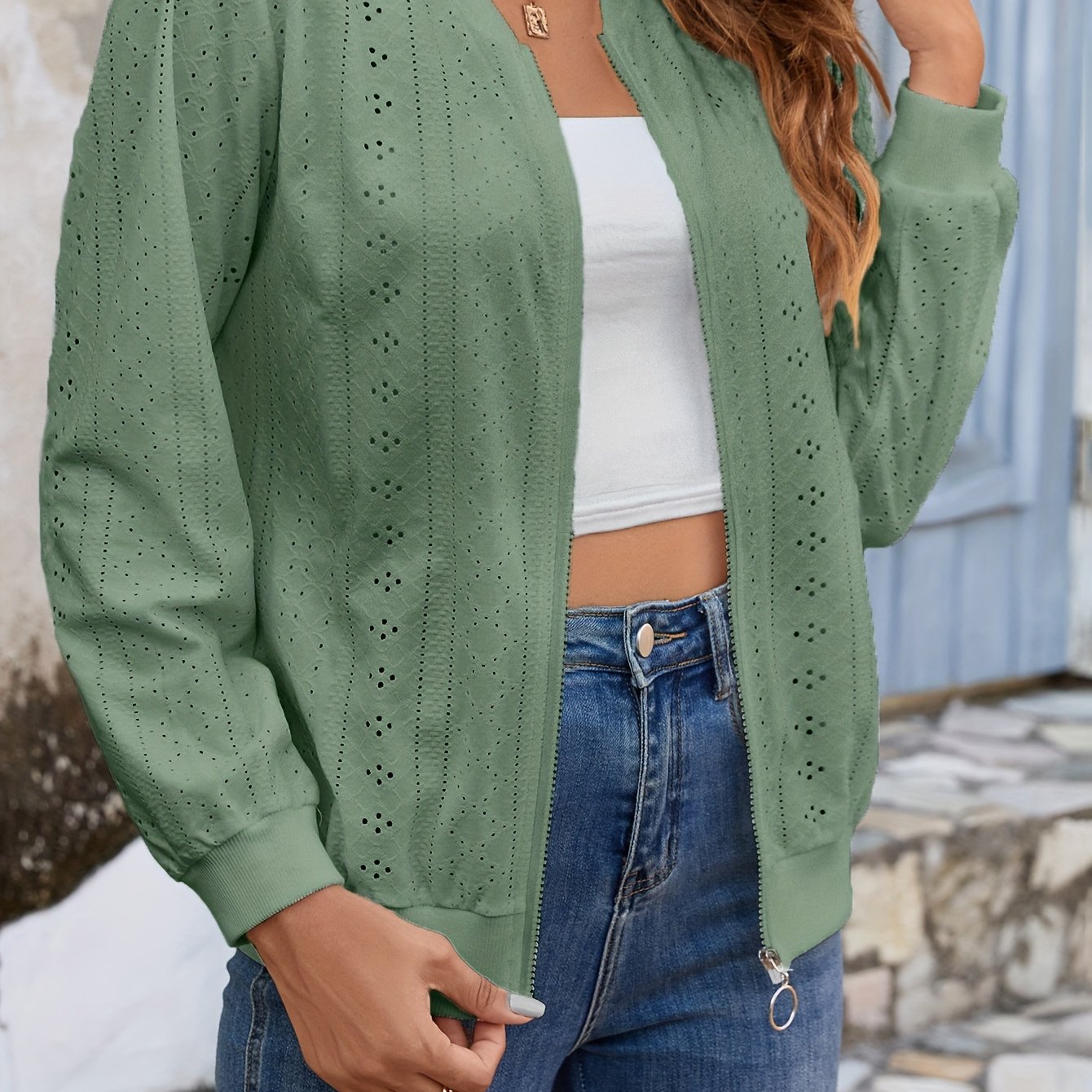 vlovelaw  Eyelet Zip Up Bomber Jacket, Casual Long Sleeve Versatile Outerwear, Women's Clothing