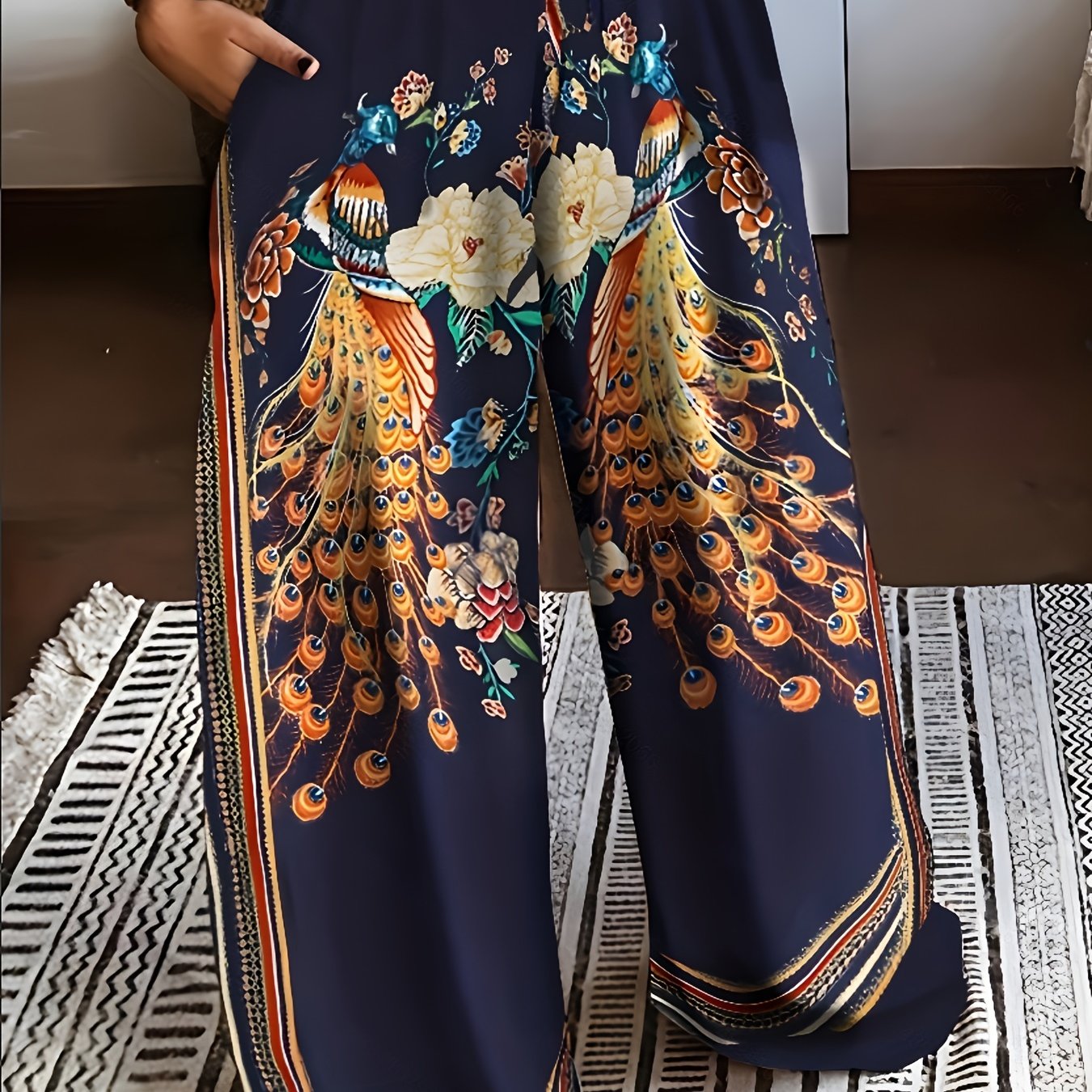 Peacock Print Wide Leg Pants, Retro Drawstring Long Length Palazzo Pants, Women's Clothing