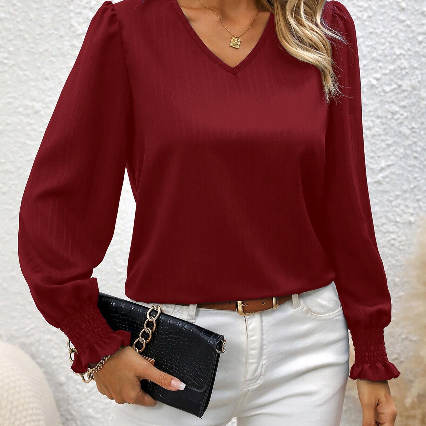 vlovelaw Stripe Textured V Neck Blouse, Casual Lettuce Cuff Long Sleeve Top For Spring & Fall, Women's Clothing